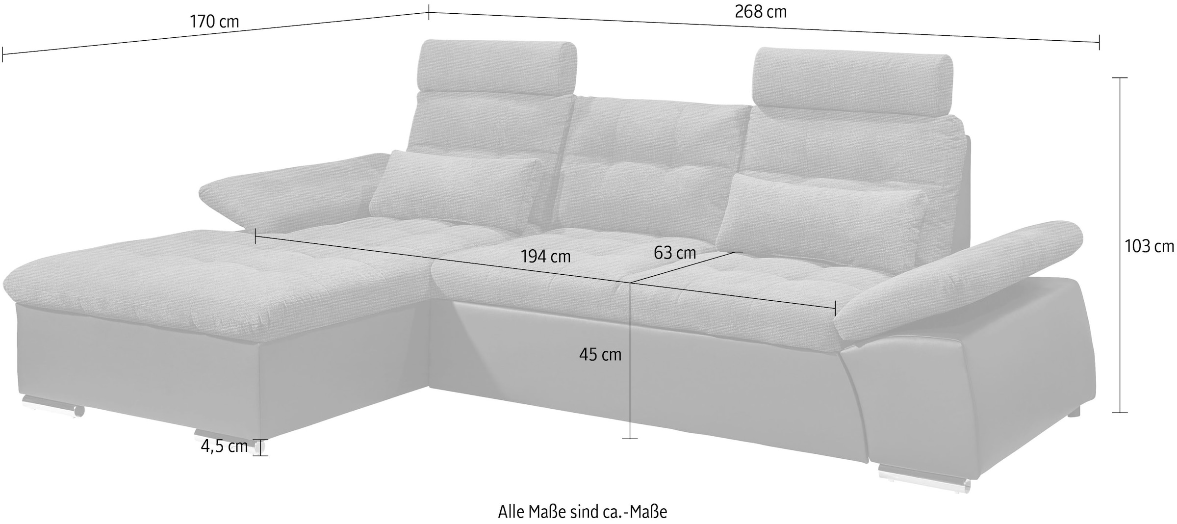 ED EXCITING DESIGN Ecksofa »Jakarta L-Form«, mit Bettfunktion, Kopfstützen, Nierenkissen, Armteilverstellung