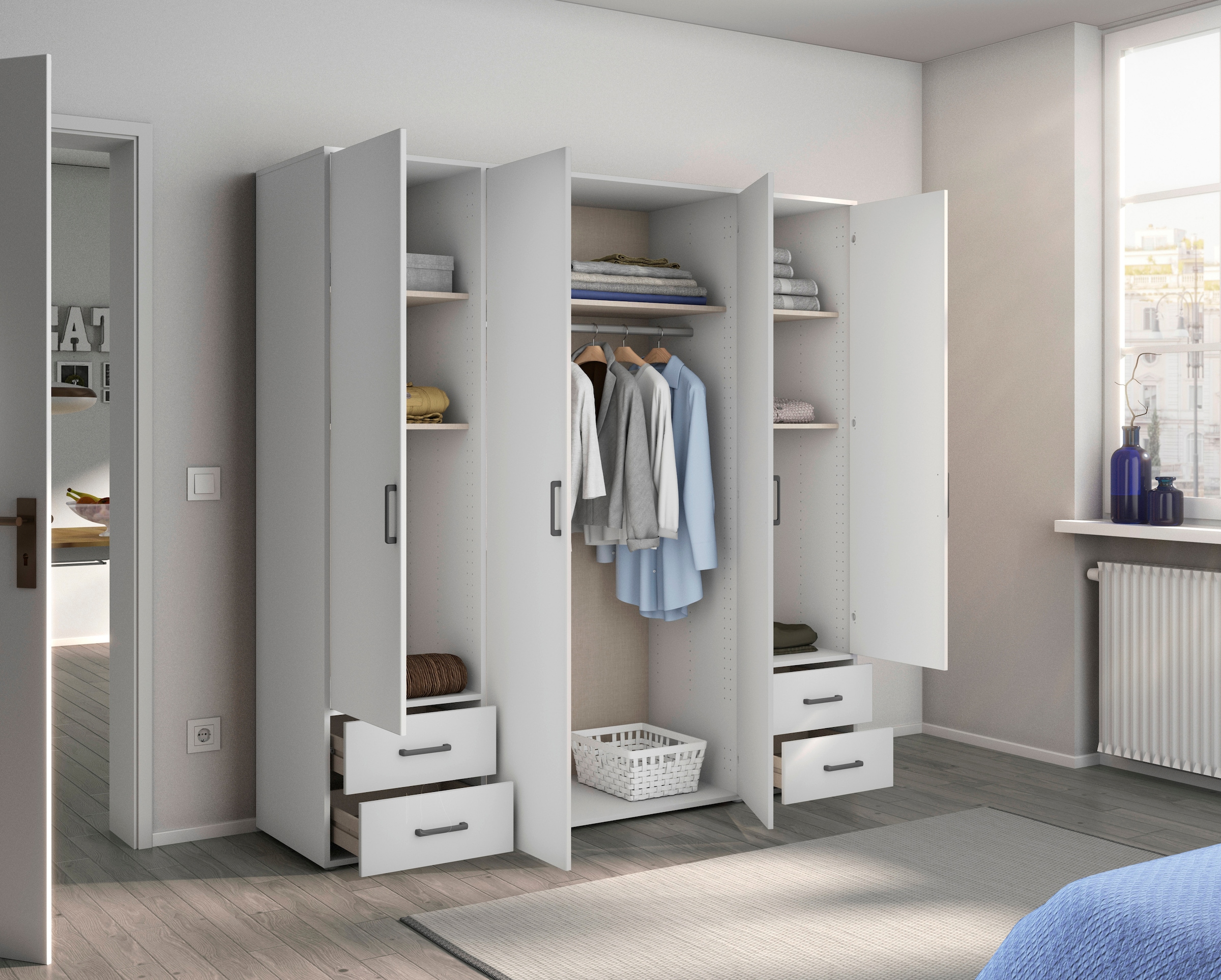 rauch Drehtürenschrank »Kleiderschrank Schrank Garderobe Wäscheschrank VOYAGER«, (in 3 verschiedenen Ausstattungen BASIC/CLASSIC/PREMIUM), moderne Griffe in Graumetallic mit Außenschubkästen MADE IN GERMANY