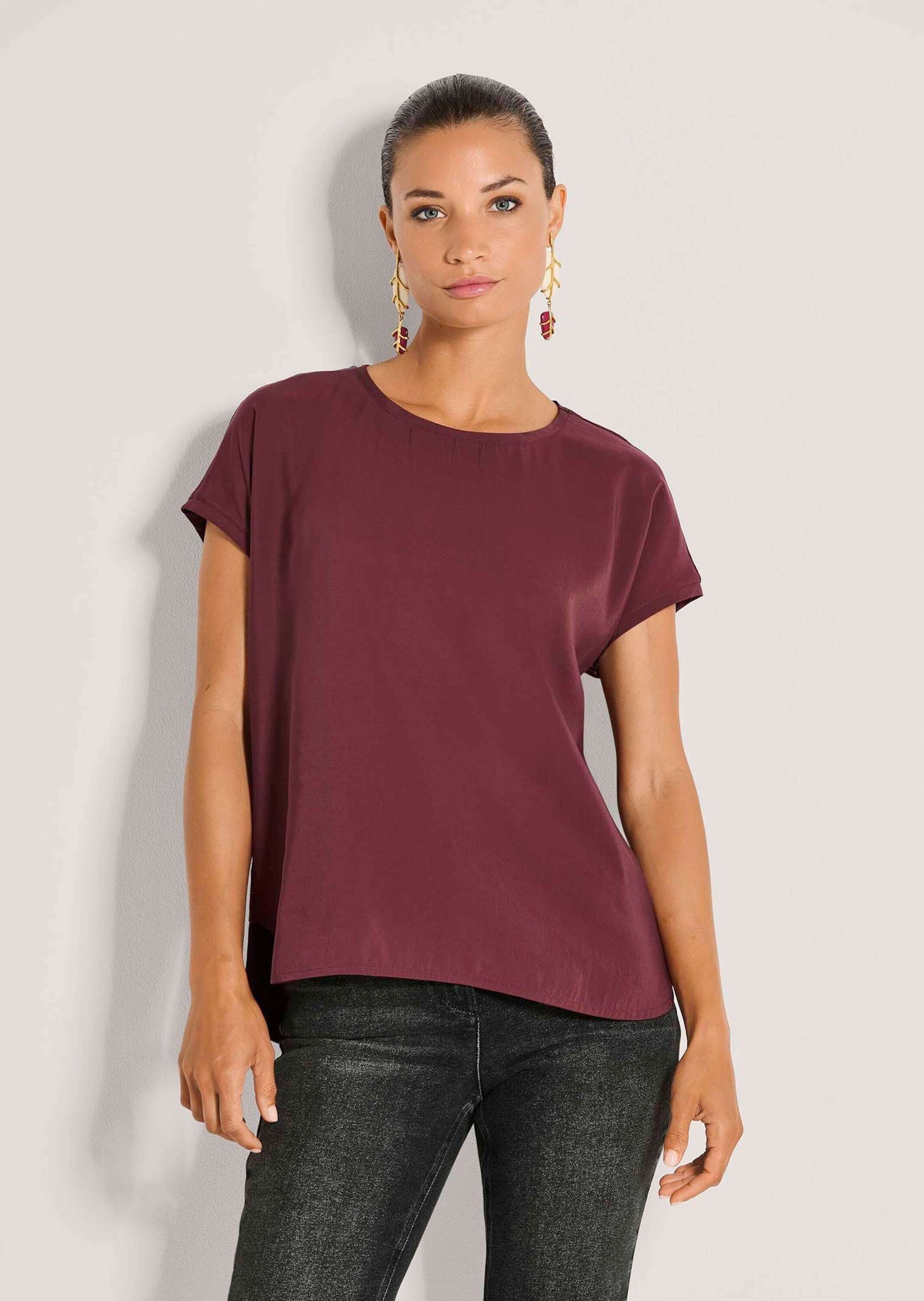 MADELEINE Kurzarmshirt »Blusenshirt Fließendes Viskose-Shirt mit Jersey-Rücken« Gerundeter Saum