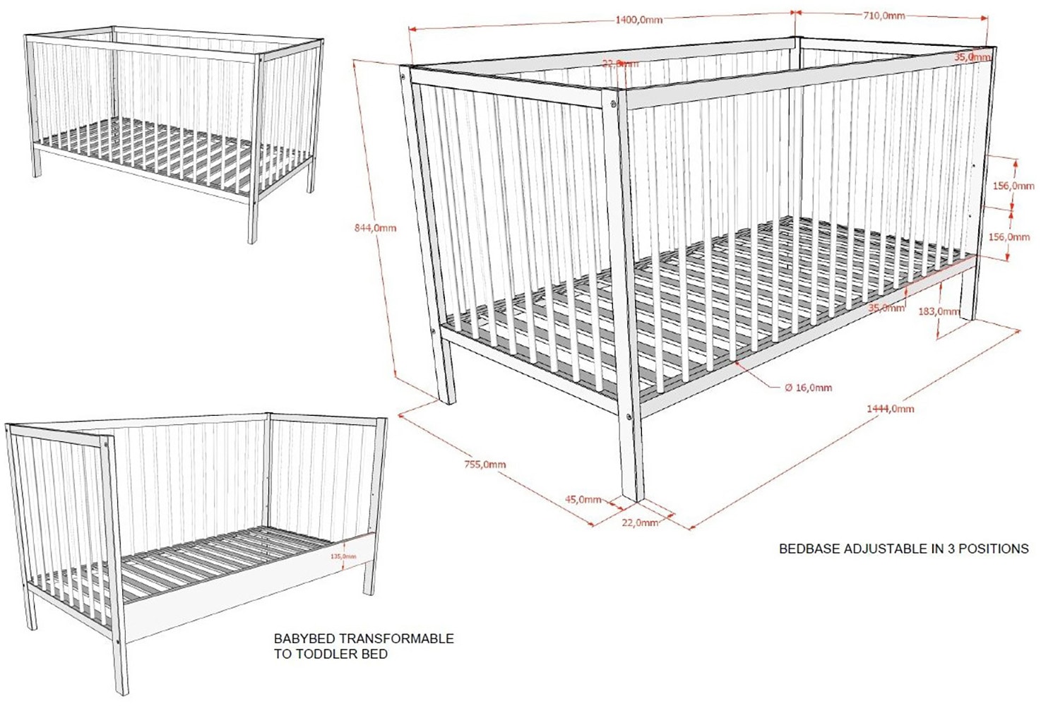 Vipack Babybett »DINO, ideal für Ihr Kinderzimmer, Made in Europe, Buche massiv« 70/140cm, 3-fach höhenverstellbar, umbaubar, Buche Nussbaumfarbig