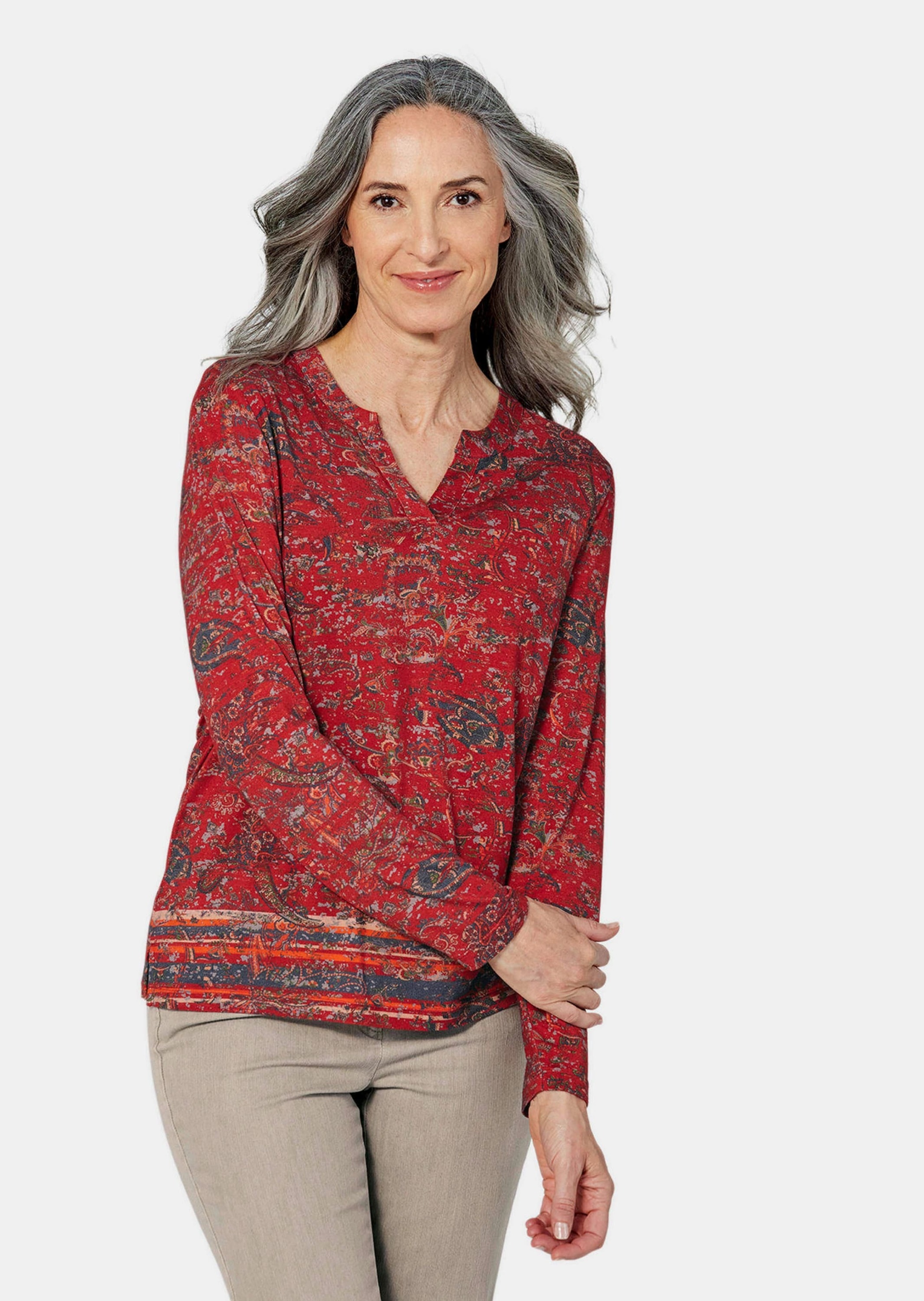 Print-Shirt GOLDNER "Elegantes Blusenshirt, Paisley-Design", Damen, Gr. 42, rot (cayenne, gemustert), Obermaterial: 95% Viskose CV. 5% Elasthan EL., figurumspielend, Gerade, Shirts, keine/nicht relevant 2