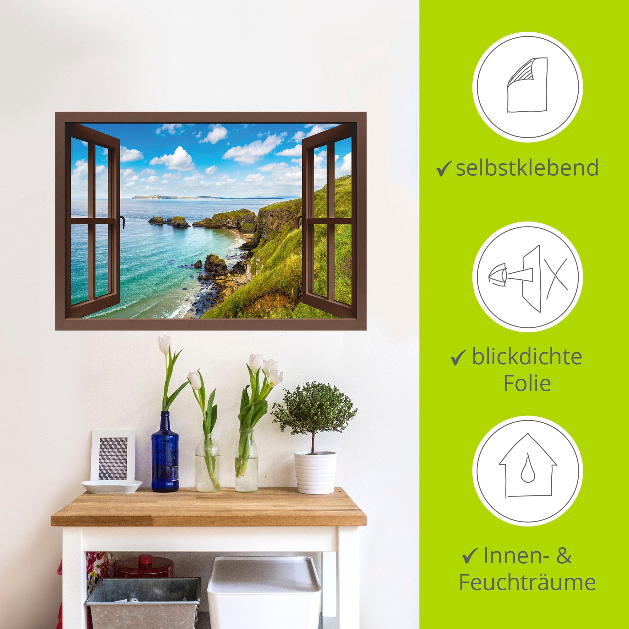 Artland Wandbild »Küstenweg in Nordirland durchs Fenster«, Meer Bilder, (1 St.), als Alubild, Outdoorbild, Leinwandbild, Wandaufkleber, versch. Größen