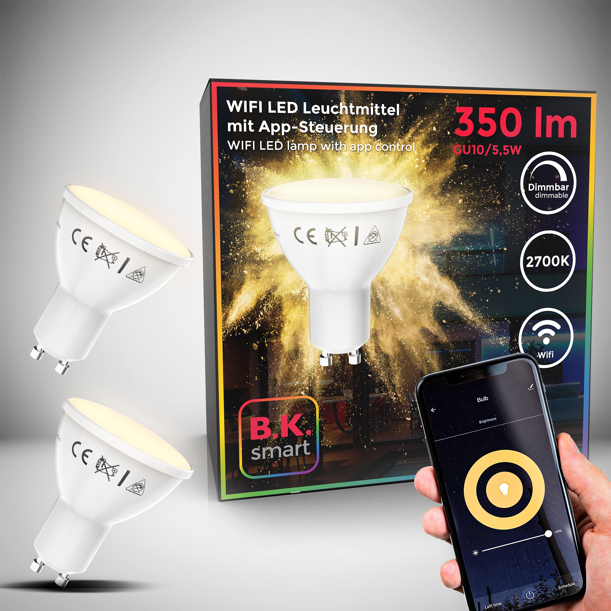 B.K.LICHT LED-Leuchtmittel, L:5cm Ø:5,6cm, weiß, Leuchtmittel, Smart Home LED-Lampe, RGB, WiFi, App-Steuerung, dimmbar