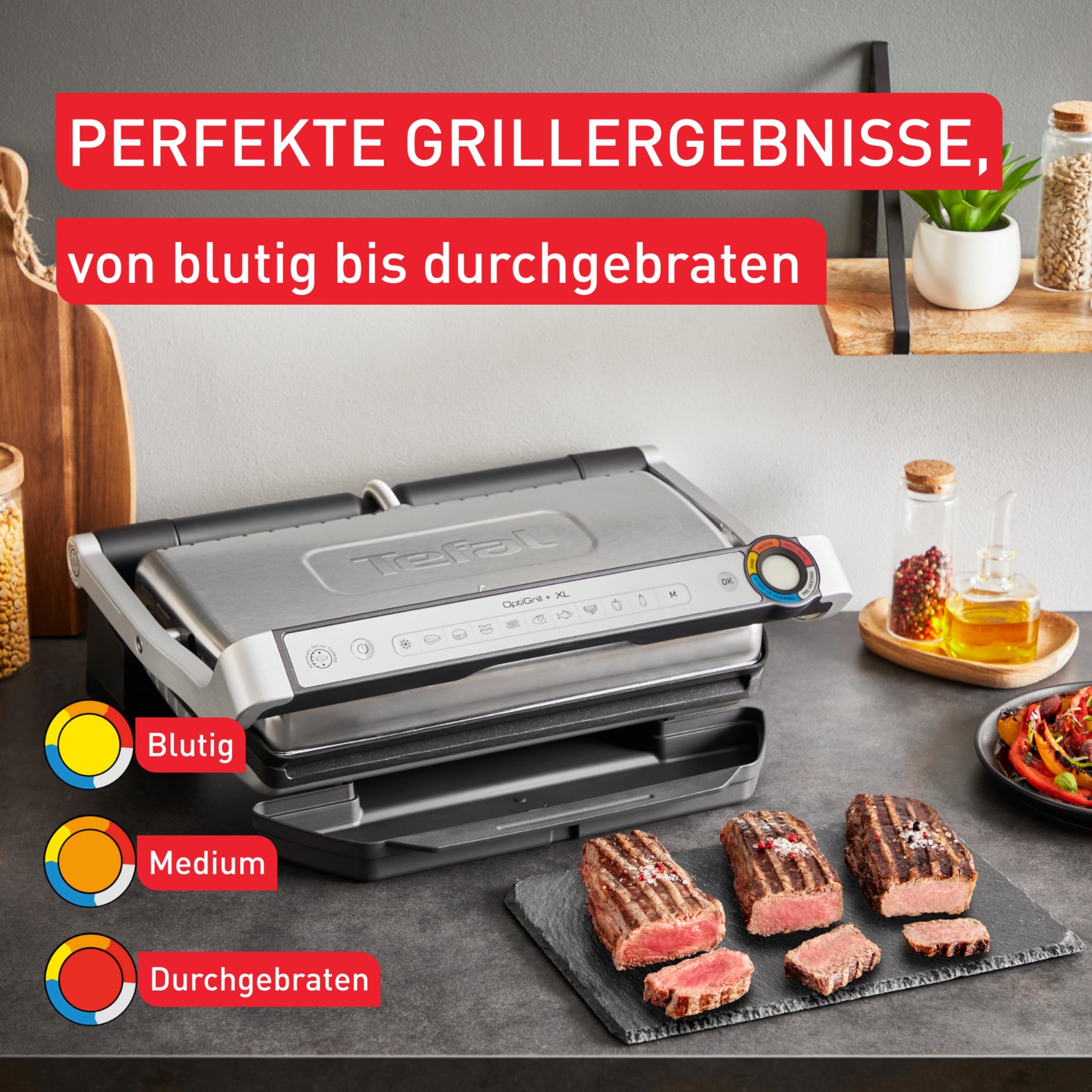 Tefal Kontaktgrill »OptiGrill + XL, erneuerte Kochstufenanzeige, 9 automatische Programme«, 2000 W, manuelles Programm, spülmaschinengeeignete Platten GC727D
