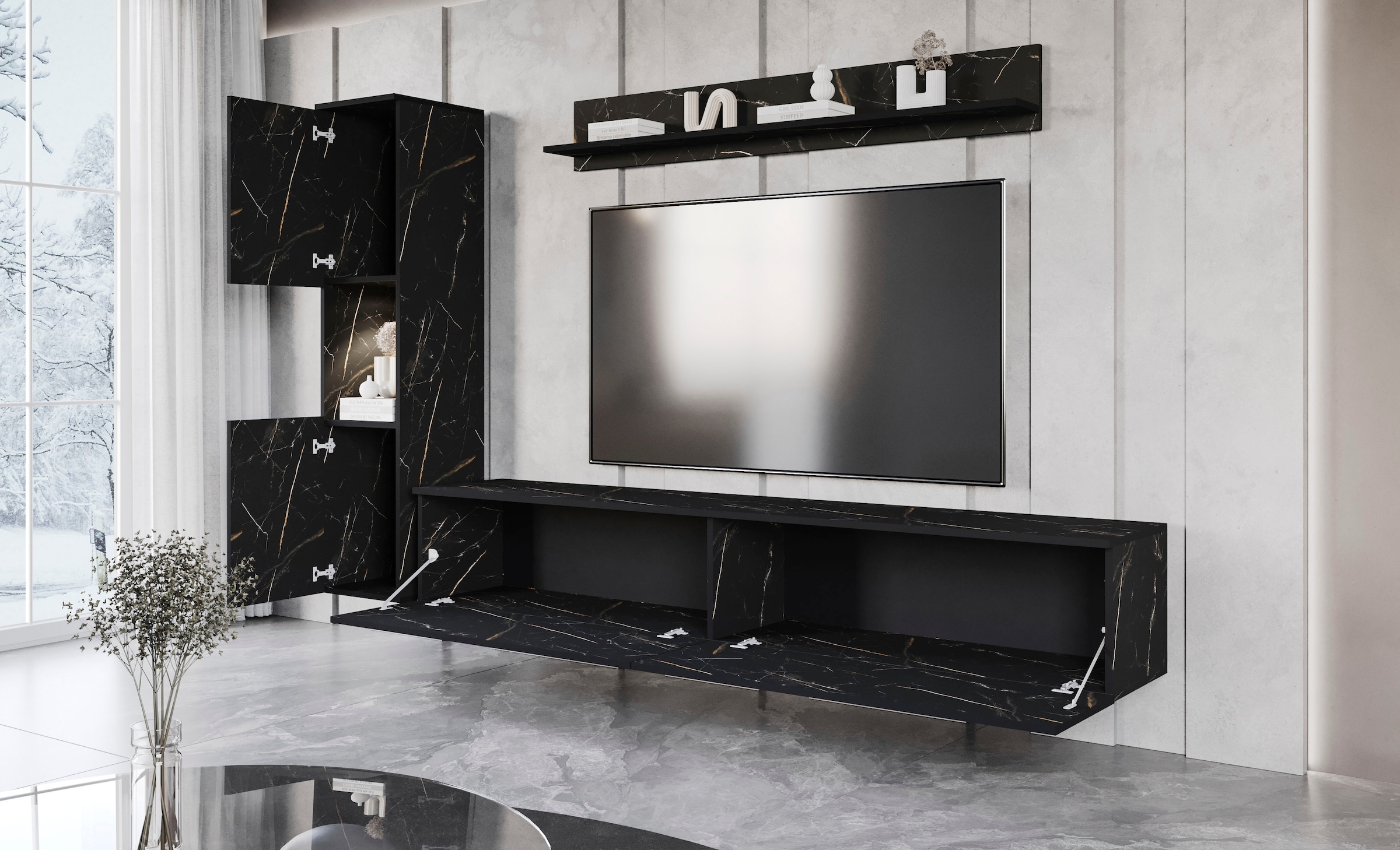 INOSIGN Wohnwand »PARIS, Vitrine Türanschlag links/rechts wechselbar«, (Komplett-Set, 3 St.), grifflose Design, stehend und hängend montierbar
