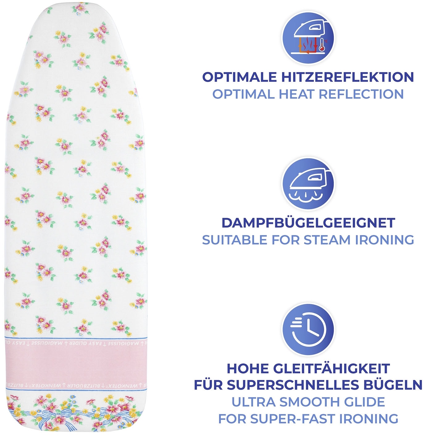 Maximex Bügelbrettbezug »Modell Blütenpracht«, Bügeltischbezug mit Blitzbüglerzone, gepolstert, 128 x 54 cm