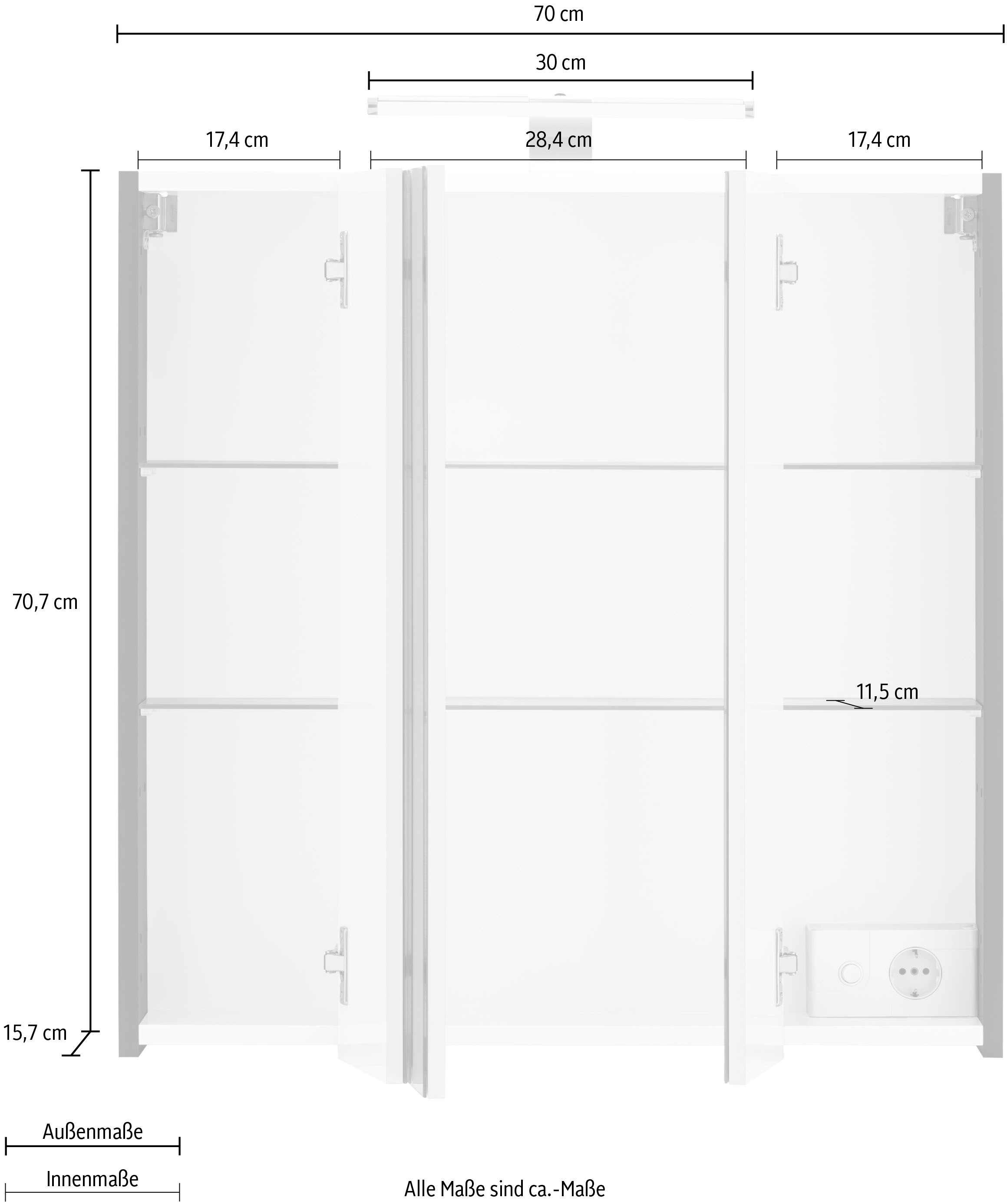 Schildmeyer Spiegelschrank »Lagona«, Breite 70 cm, 3-türig, LED-Beleuchtung, Schalter-/Steckdosenbox