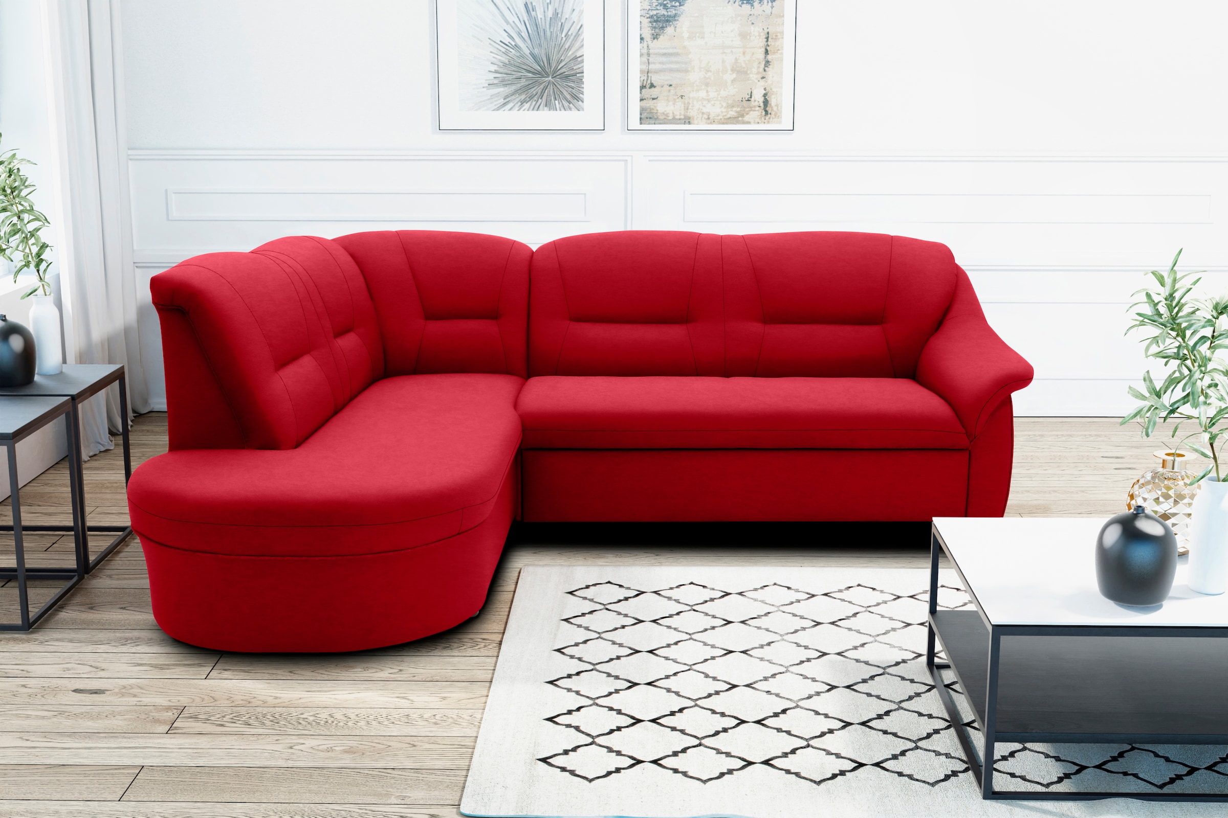 DOMO collection Ecksofa »Faenza für kleine Räume, Stellmaße 232,176cm, komfortabel, L-Form«, mit Ottomane, zeitlos, elegante Armlehnen, wahlweise mit Bettfunktion