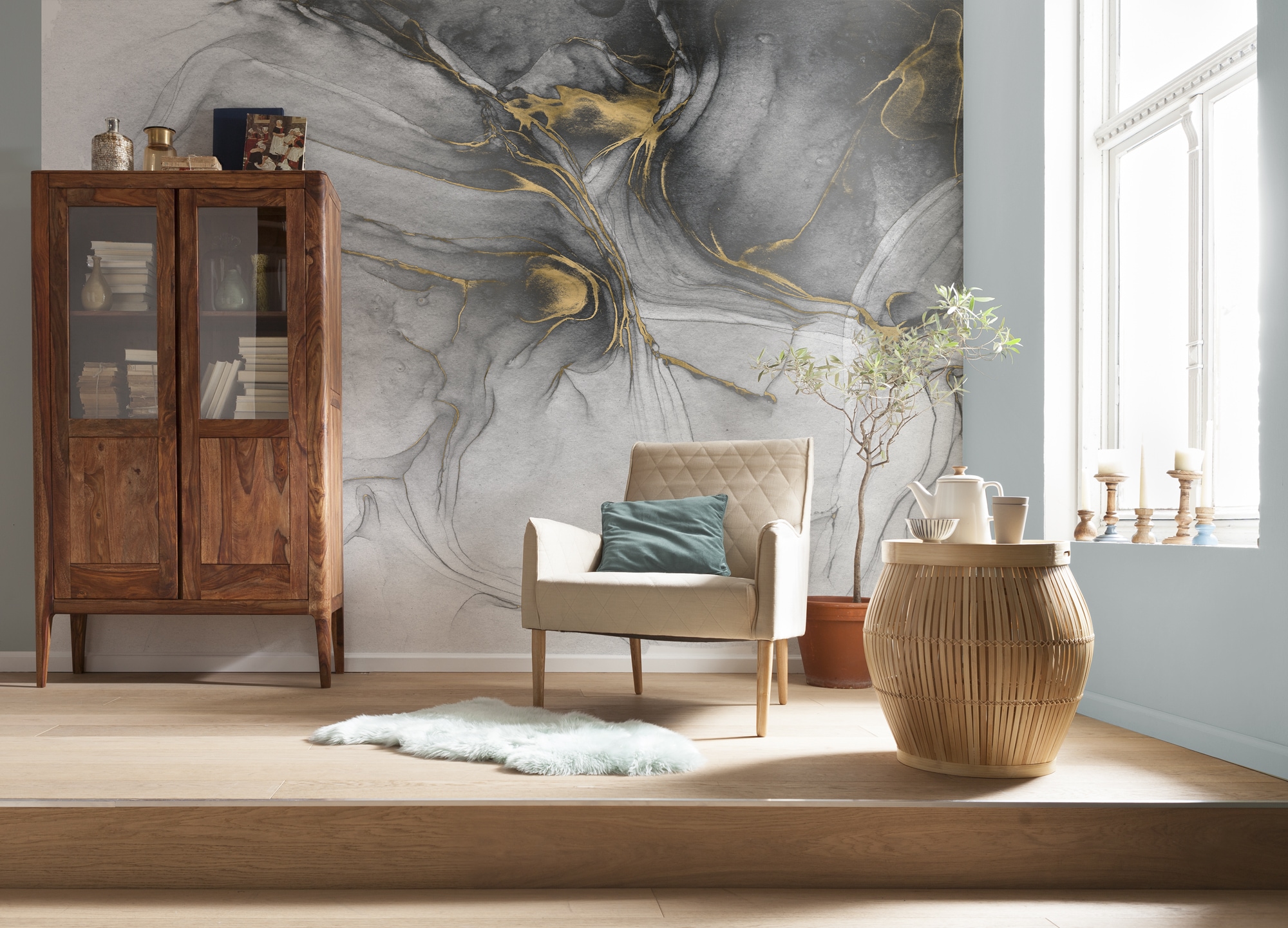 Komar Fototapete "Ink Gold Flow" bedruckt glatt 350 x 250 cm (Breite x Höhe) - Tapete, Vlies, Wohnzimmer, Schlafzimmer