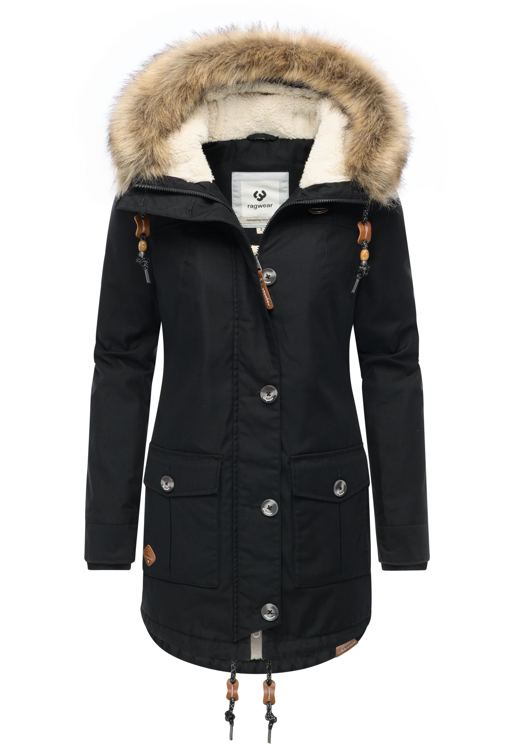 Ragwear Wintermantel "Jane YOUMODO" Winter Kurzmantel mit Kapuze und Kunstfellkragen
