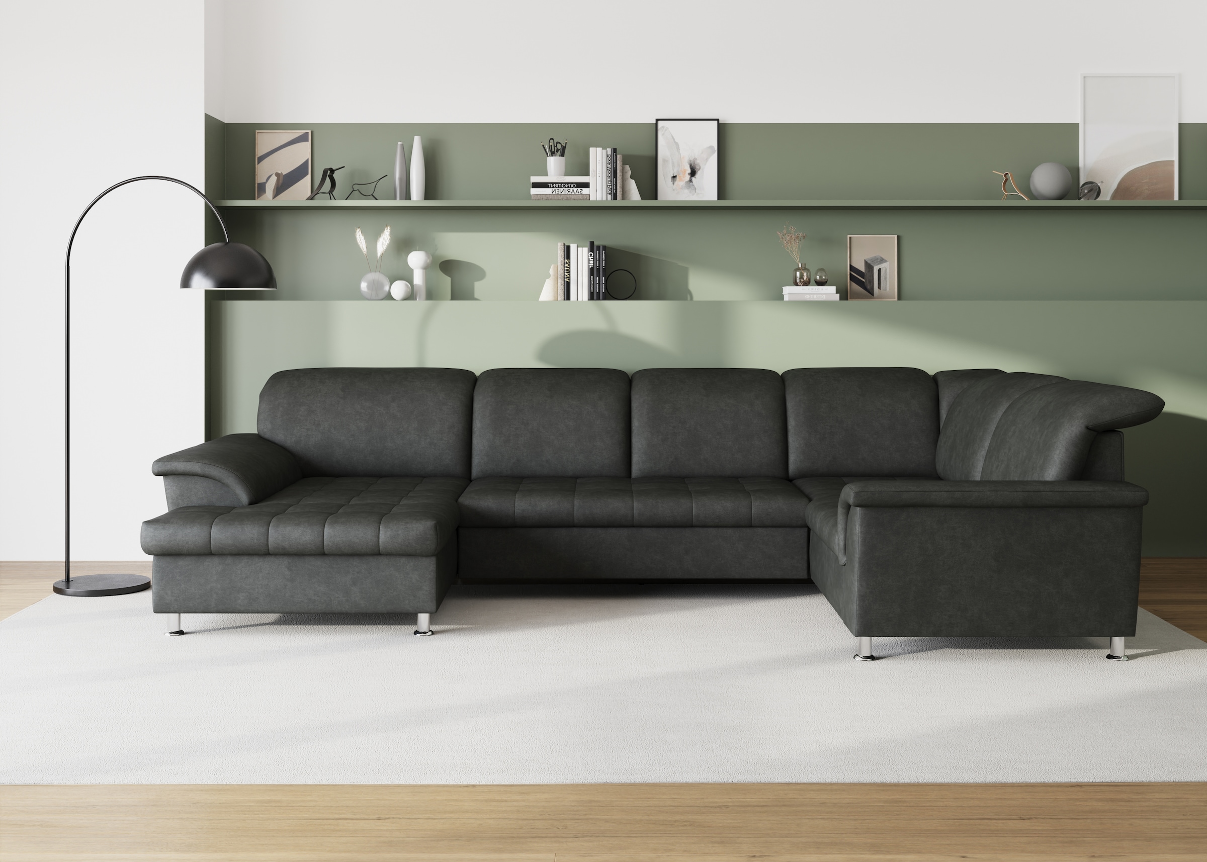 DOMO collection Wohnlandschaft "FRANZI 344x206x81 cm, elegant, komfortabel" U-Form, Recamiere links, grau, B/T: 344/206 cm