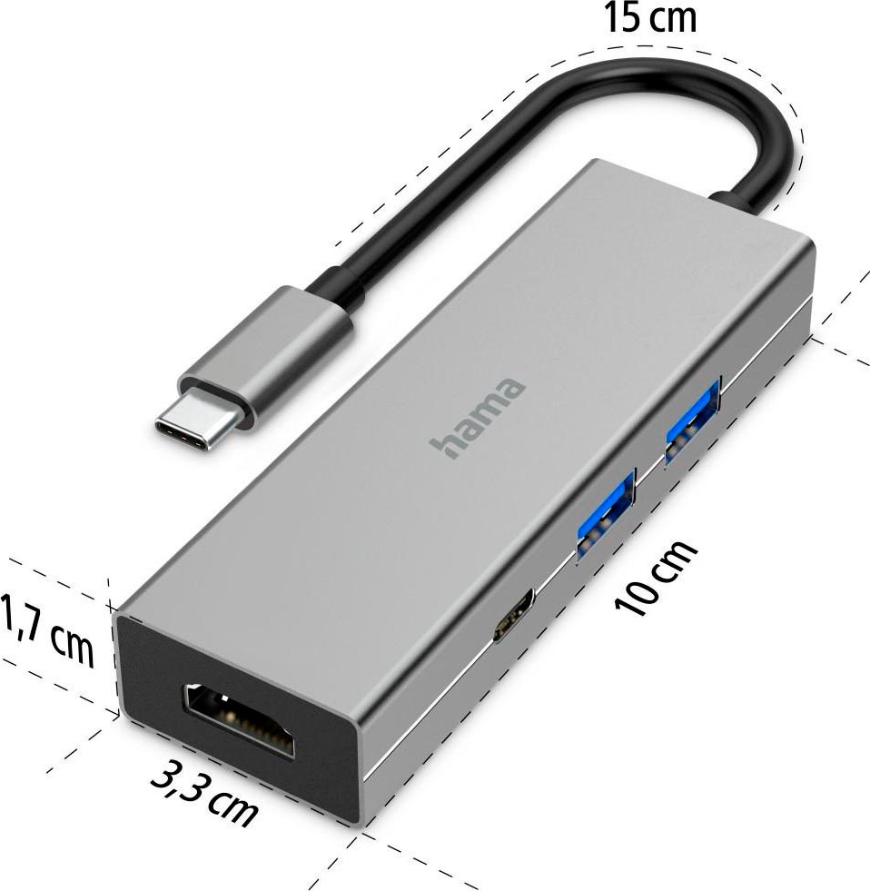 Hama USB-Adapter »USB-C Multiport Hub für Laptop mit 4 Ports, USB-A, USB-C, HDMI« USB-C zu HDMI | USB Typ A | USB-C 15 cm Laptop Dockingstation, kompakt, robustes Gehäuse, silberfarben