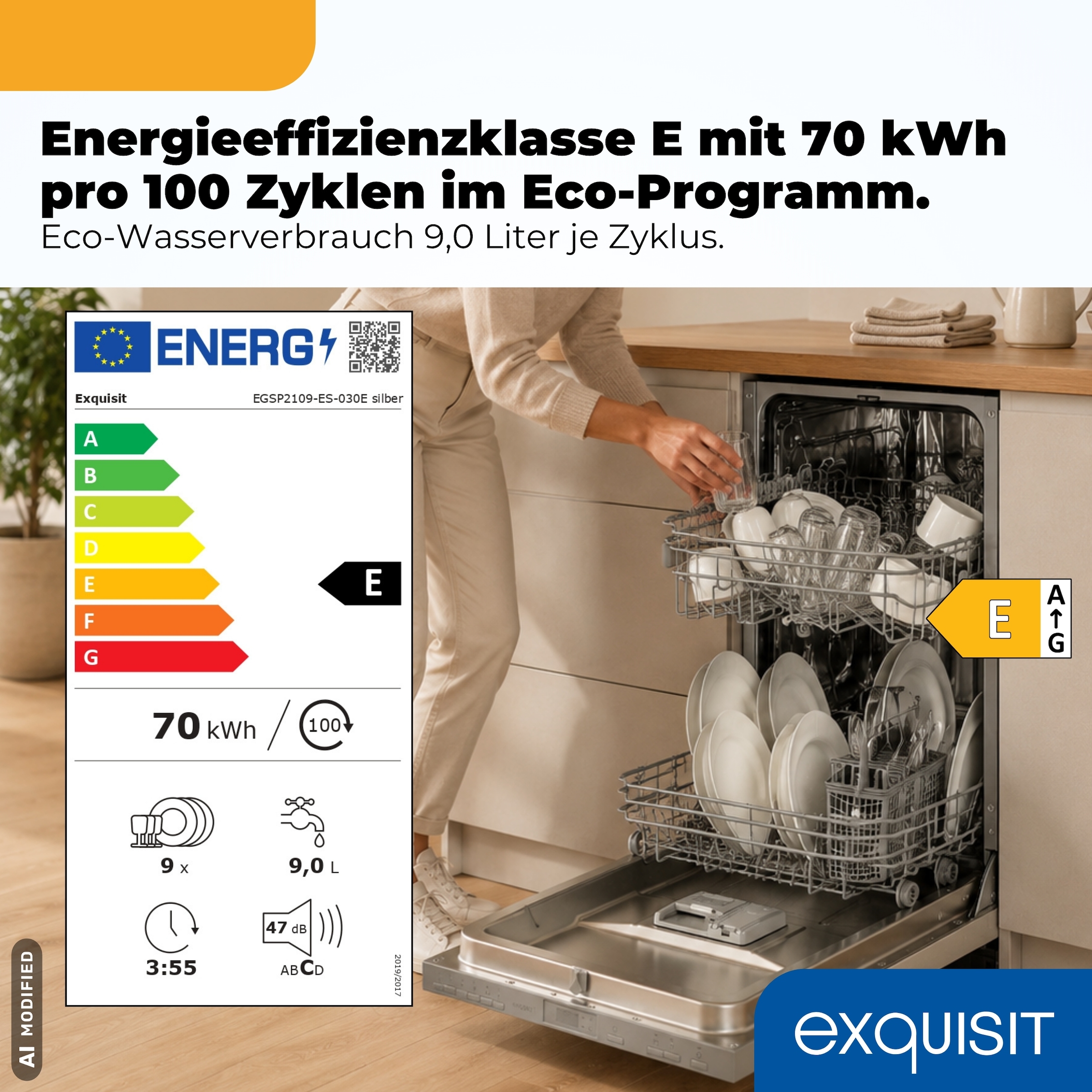 exquisit vollintegrierbarer Geschirrspüler 2109 »EGSP2109-ES-030Esilber« 11 l 9 tlg. Maßgedecke Kompakt, sparsam und komfortabel im Alltag