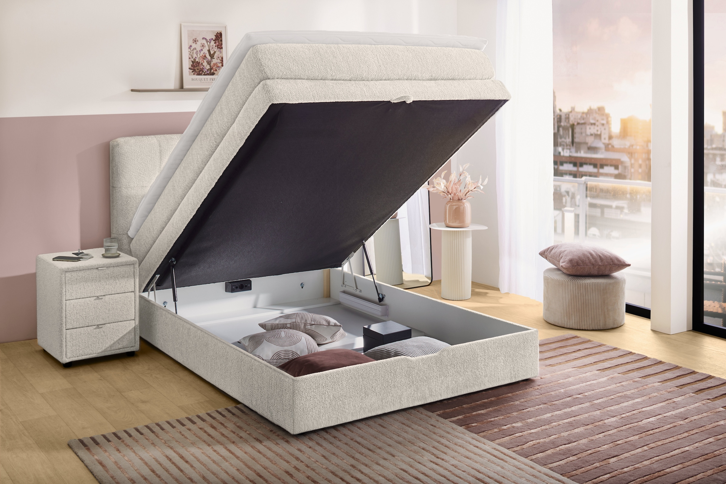 Jockenhöfer Gruppe Boxspringbett »AMY mit Bettkasten, inkl. Bonnell- oder Taschenfederkernmatratze H2-H4« mit 6 cm Kaltschaum-Topper, Chenille-Bezug, 120x200 und 140x200 cm