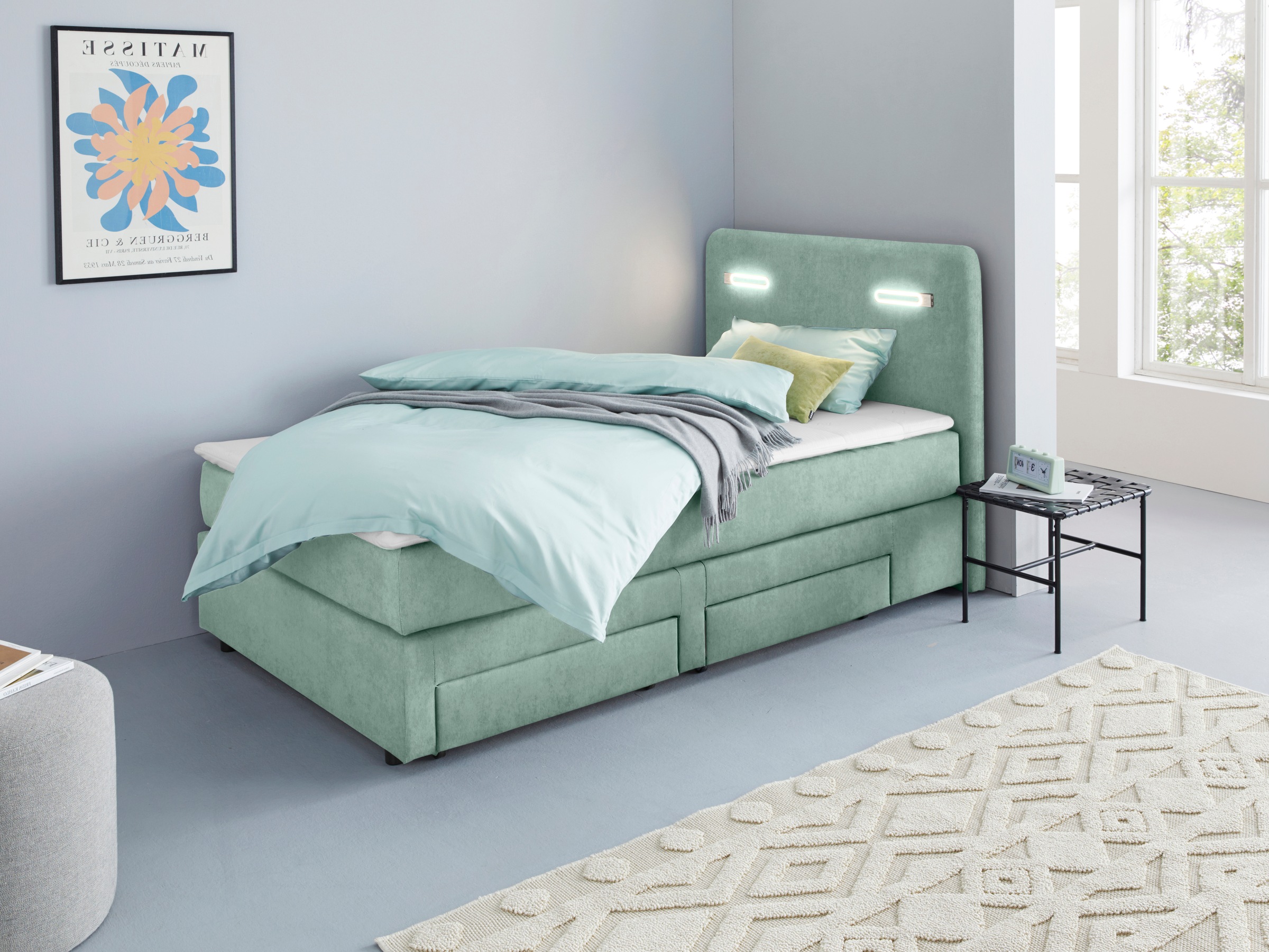 Boxbett HOME AFFAIRE "Luan", blau (turquoise), B:127cm L:211cm, Komplettbetten, Boxspringbett, Schubkästen, LED-Beleuchtung und Topper, in Breite 120 cm und 180 cm 7
