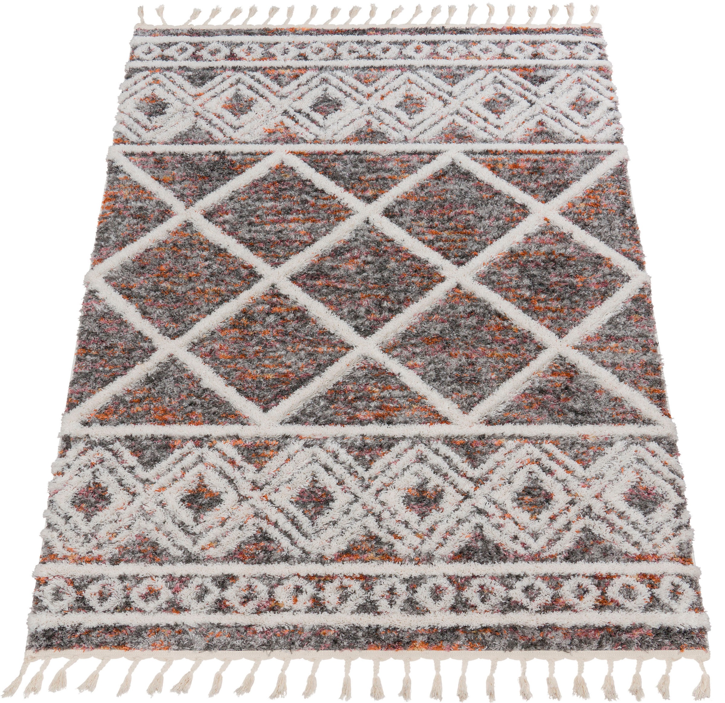 Paco Home Hochflor-Teppich »Monza 651«, rechteckig, 34 mm Höhe, meliert, Rauten Muster, 3D-Effekt, mit Fransen