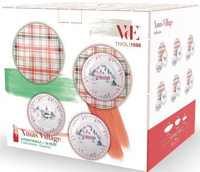 Villa d'Este Tafelservice »Geschirr-Set, Service Xmas Village, Winter, Advent, Weihnachten«, (Set, 18 tlg.), Speiseteller, Suppenteller, Dessertteller, 18 Teile, für 6 Personen