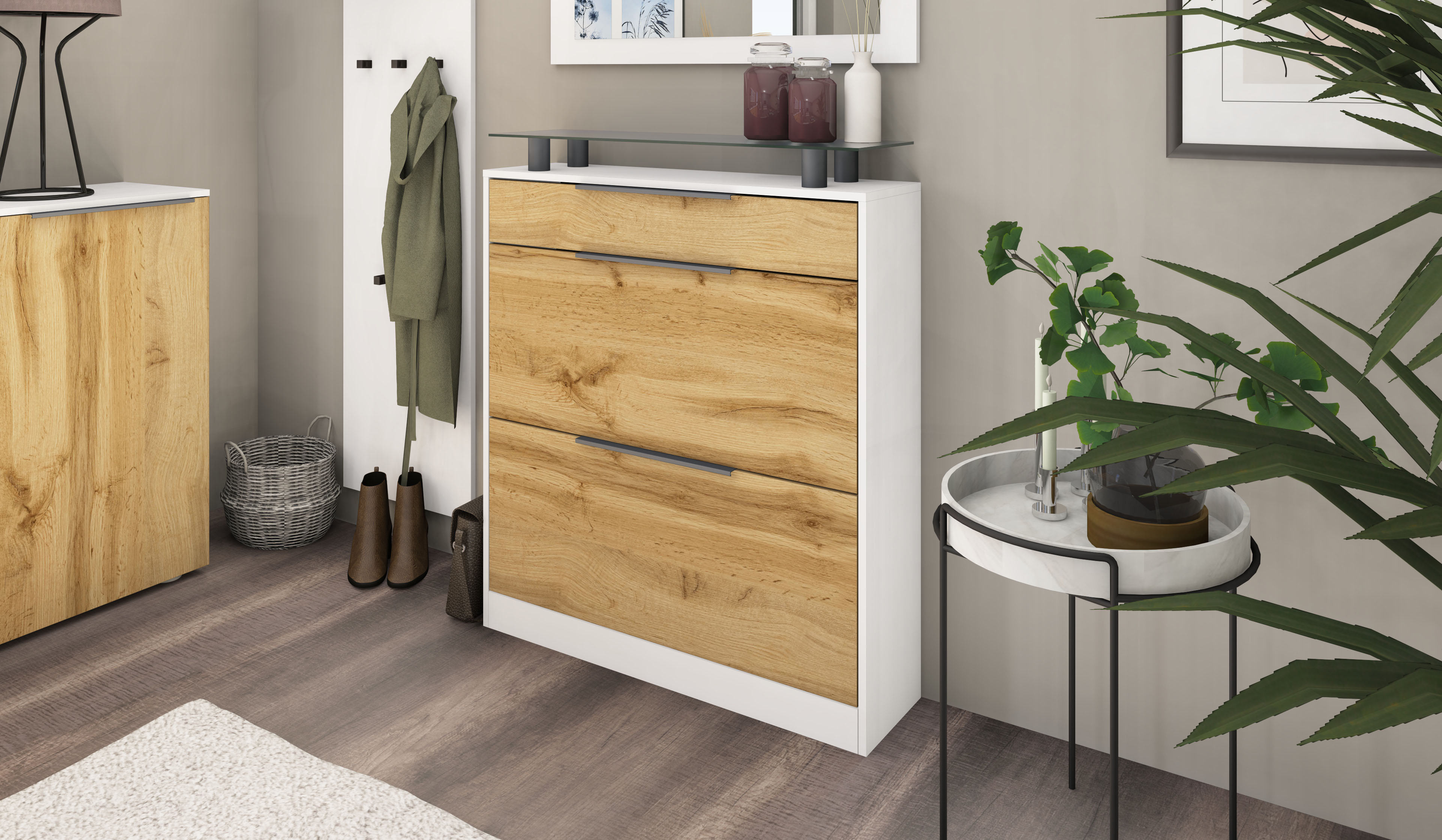 Thumbnail - borchardt Möbel Schuhschrank "Tom, Schuhkipper mit Glasablage und Metallgriffen" stehend