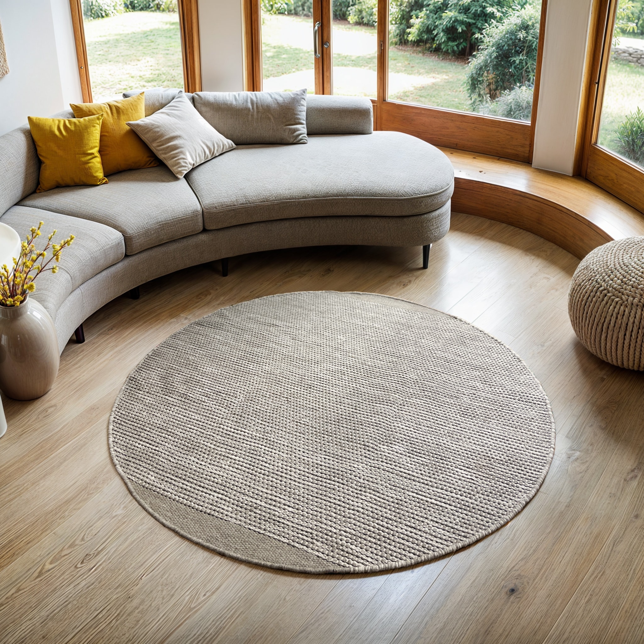 Wollteppich "Anisa", beige (creme, grau), B:100cm H:10mm L:100cm Ø:100cm, Wolle, MYFLAIR MÖBEL & ACCESSOIRES, Teppiche, Wendeteppich, meliert, reine Wolle, handgewebt, Wohnzimmer