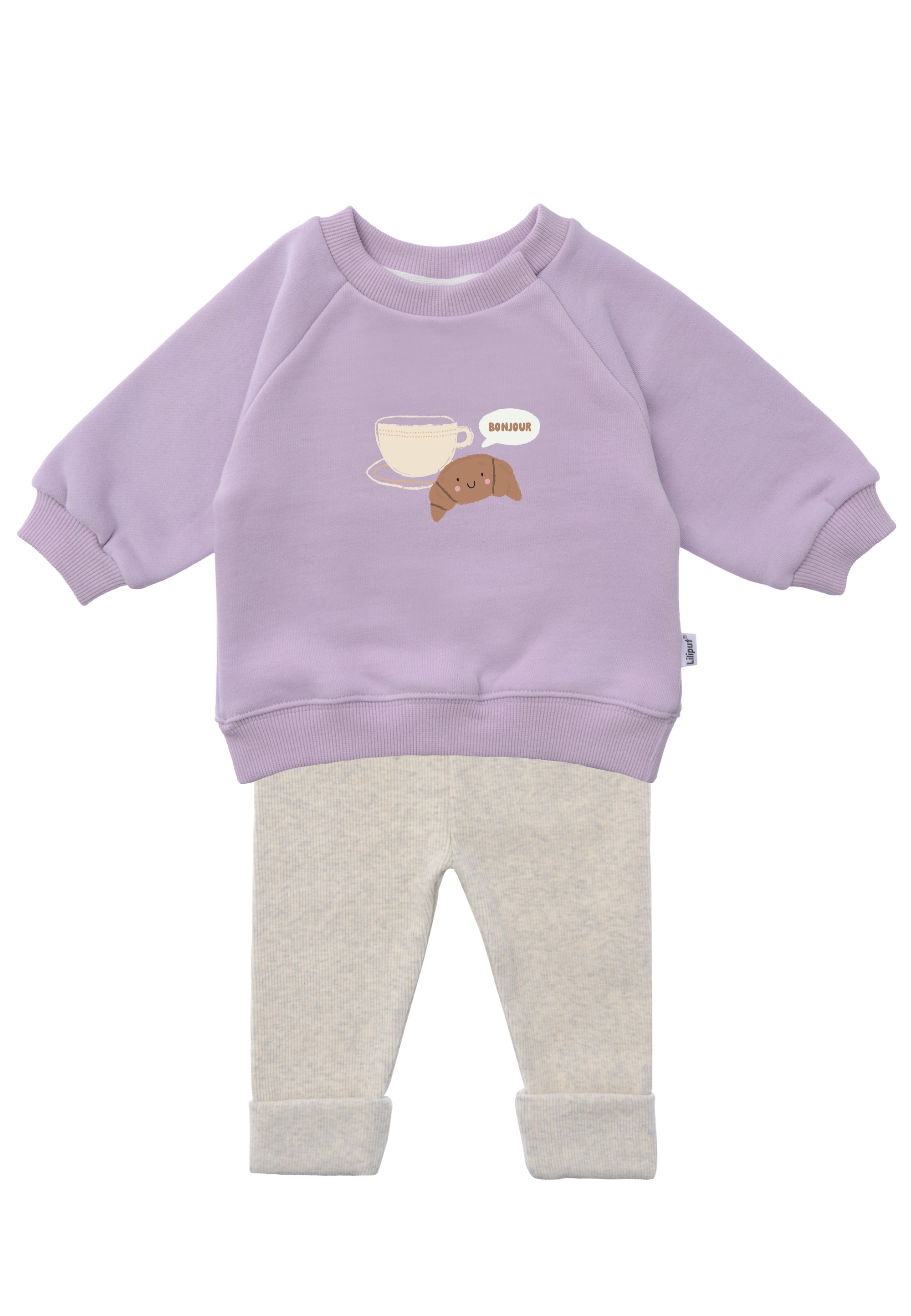 Sweatanzug LILIPUT "Croissant Bonjour", Mädchen, Gr. 86/92, lila (lila, grau), 80% Baumwolle, 20% Polyester, bedruckt, Sportanzüge, bestehend aus Leggings und Sweatshirt