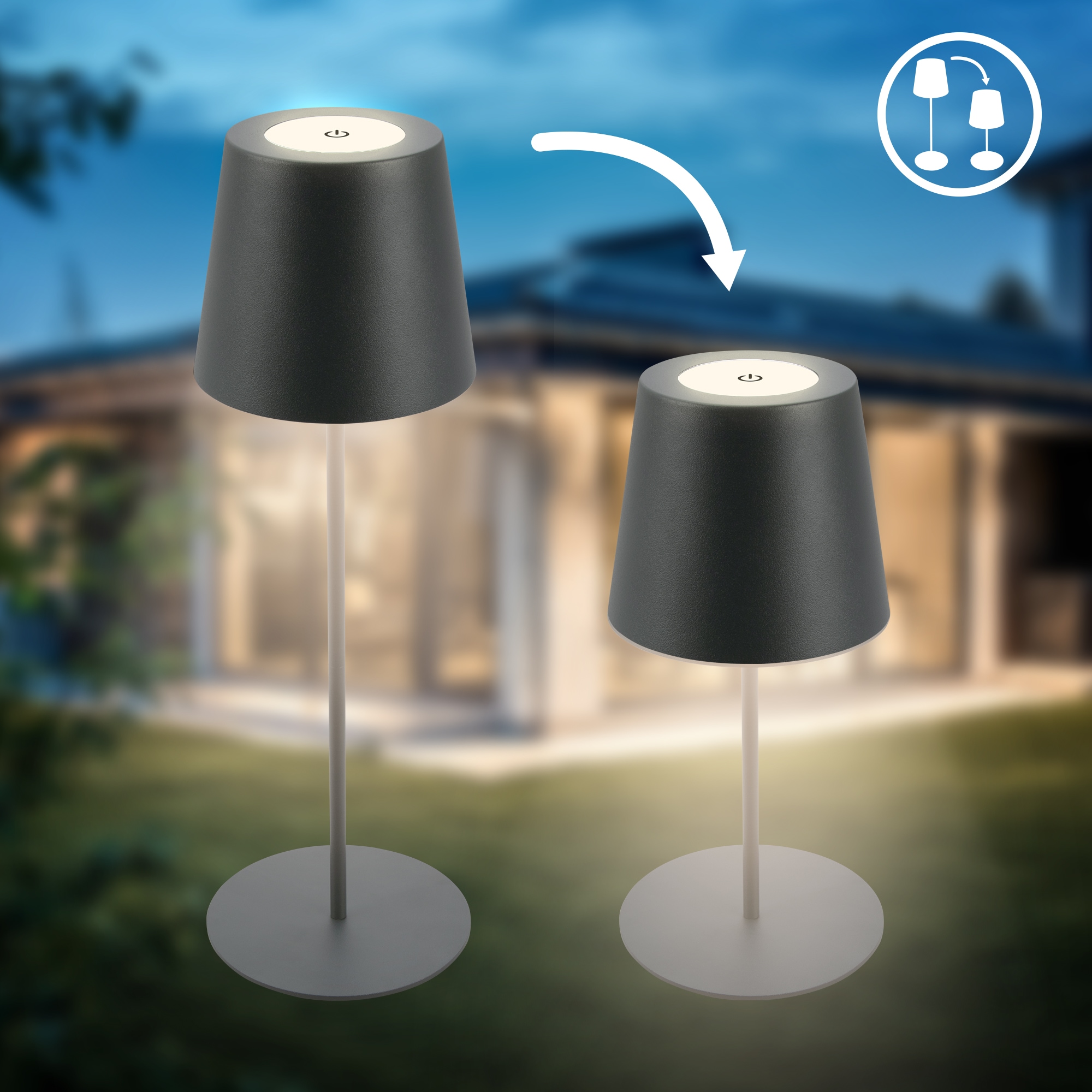 B.K.Licht Außen-Tischleuchte »BK_TL1593 Akku LED Tischlampe, 3-Stufen Touchdimmer, mit USB«, 1 flammig, Leuchtmittel LED-Modul | LED fest integriert, 2.700 K, 200 Lm, 2,5W, IP44, 12h Leuchtdauer, 36 x 10,5 cm, Anthrazit