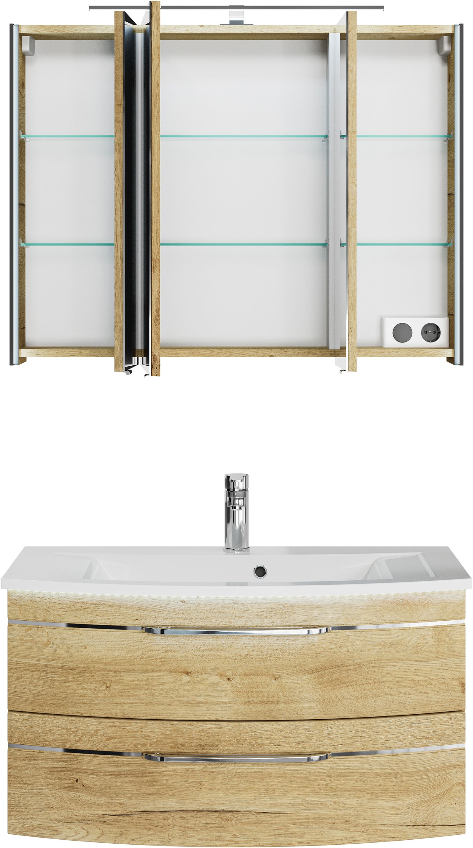 Saphir Badmöbel-Set »Serie 7045 2-teilig Mineralmarmor-Waschtisch mit LED-Spiegelschrank«, (Set, 2 St.), Badezimmer-Set 93,2 cm breit, inkl. Türdämpfer, 3 Türen, 2 Schubladen
