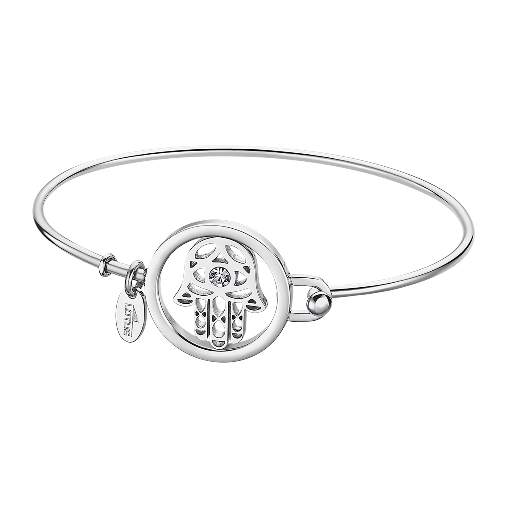 "Armreif LOTUS ""Essentials - Hamsa Fatima's Hand"", edelstahlfarben, kristallweiß, kristallweiß, Armbänder, Damen, Edelstahl, Armreif, mit Glasstein"