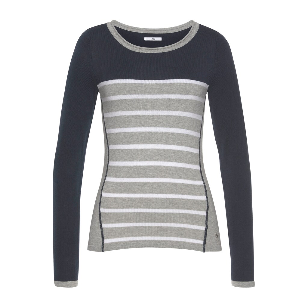 Damenmode Cotton made in Africa AJC Rundhalspullover, mit maritimen Streifendesign und Konstrastnähten marine-hellgrau-meliert Damenmode Cotton made in Africa AJC Rundhalspullover, mit maritimen Streifendesign und Konstrastnähten marine-hellgrau-meliert