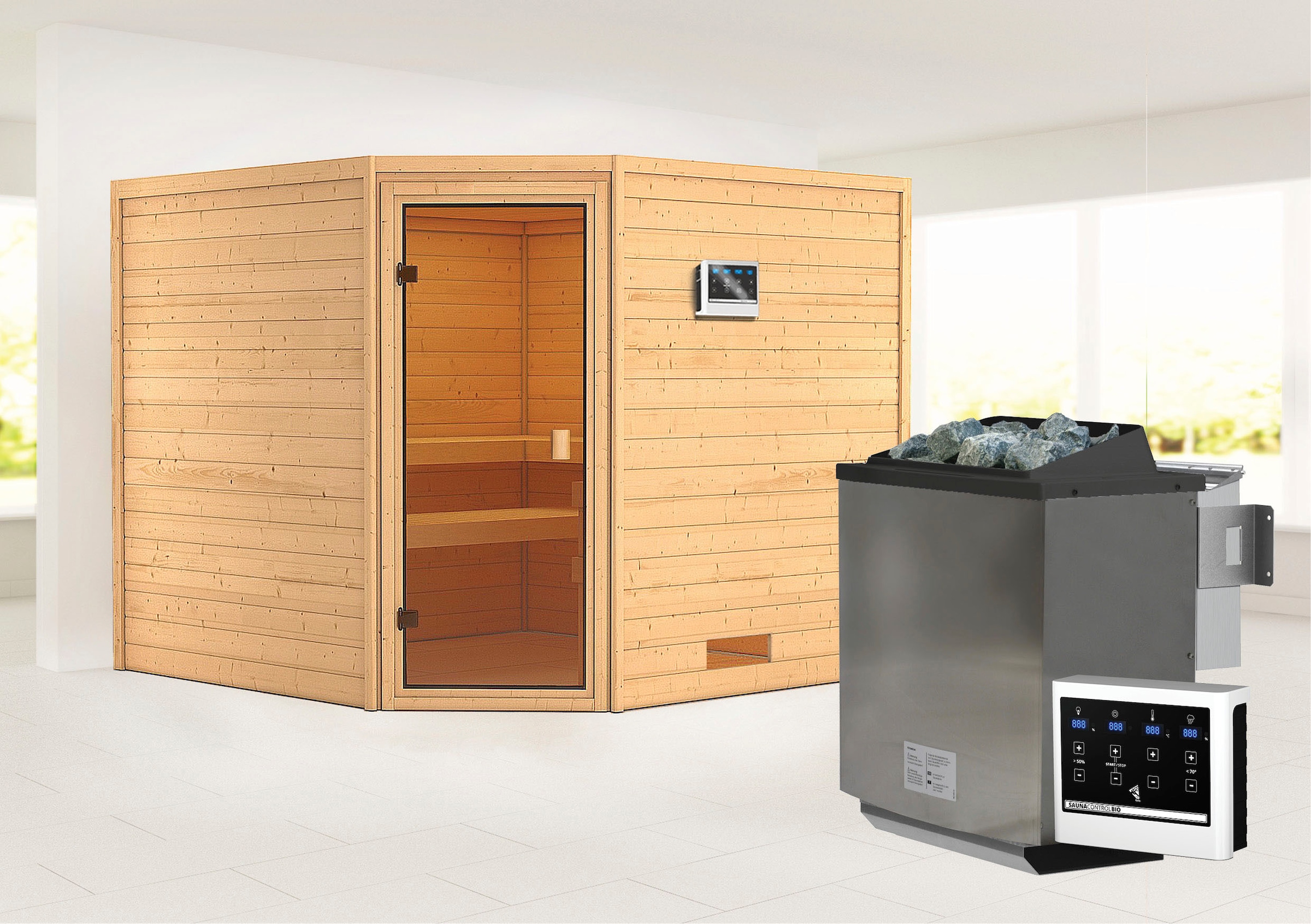 Karibu Sauna ""Leona" mit bronzierter Tür Ofen 9 kW Bio externe Strg modern", aus hochwertiger nordischer Fichte