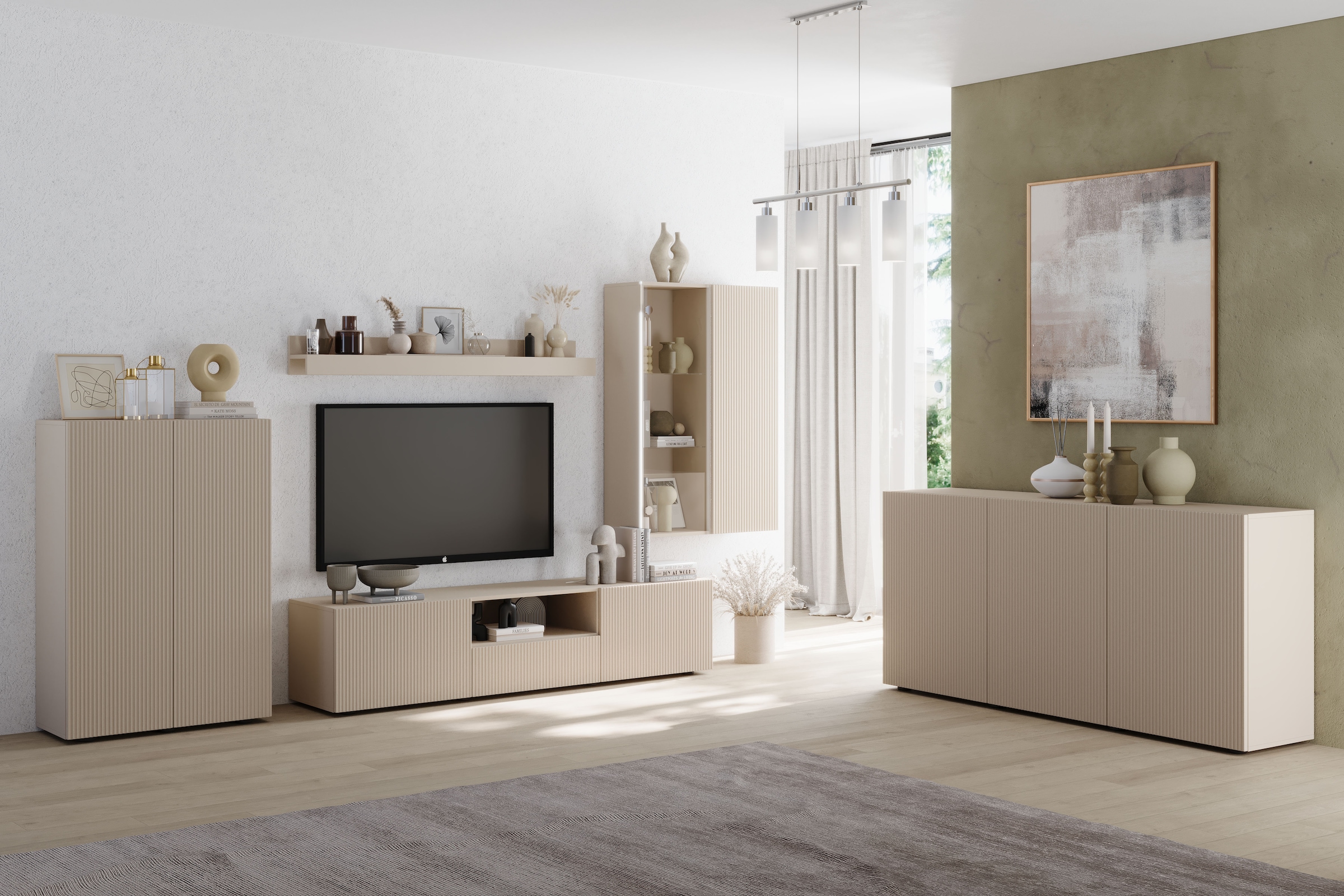 INOSIGN Wohnwand »Rio, 4tlg. Breite 300 cm, modernes, elegantes Wohnzimmer-Set«, (4 St.), (Lowboard, Highboard, Hängevitrine, Wandboard), Front geriffelt