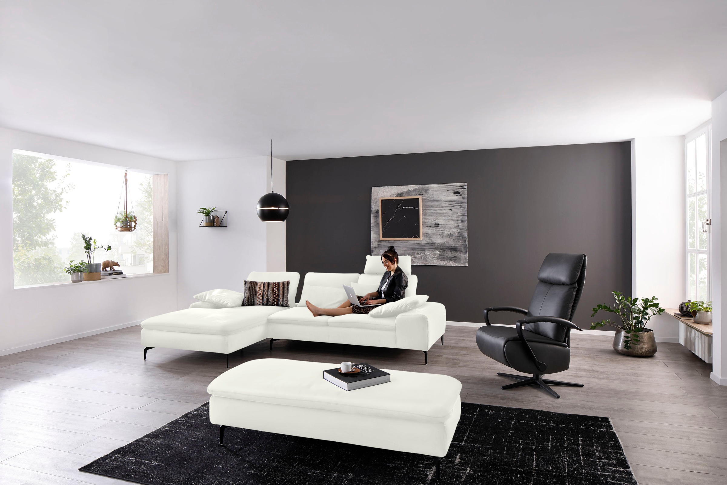 W.SCHILLIG Ecksofa »valentinoo, Designsofa, bequem, elegant und zeitlos, L-Form«, (Set), inklusive Hocker, mit Sitztiefenverstellung, Breite 299 cm