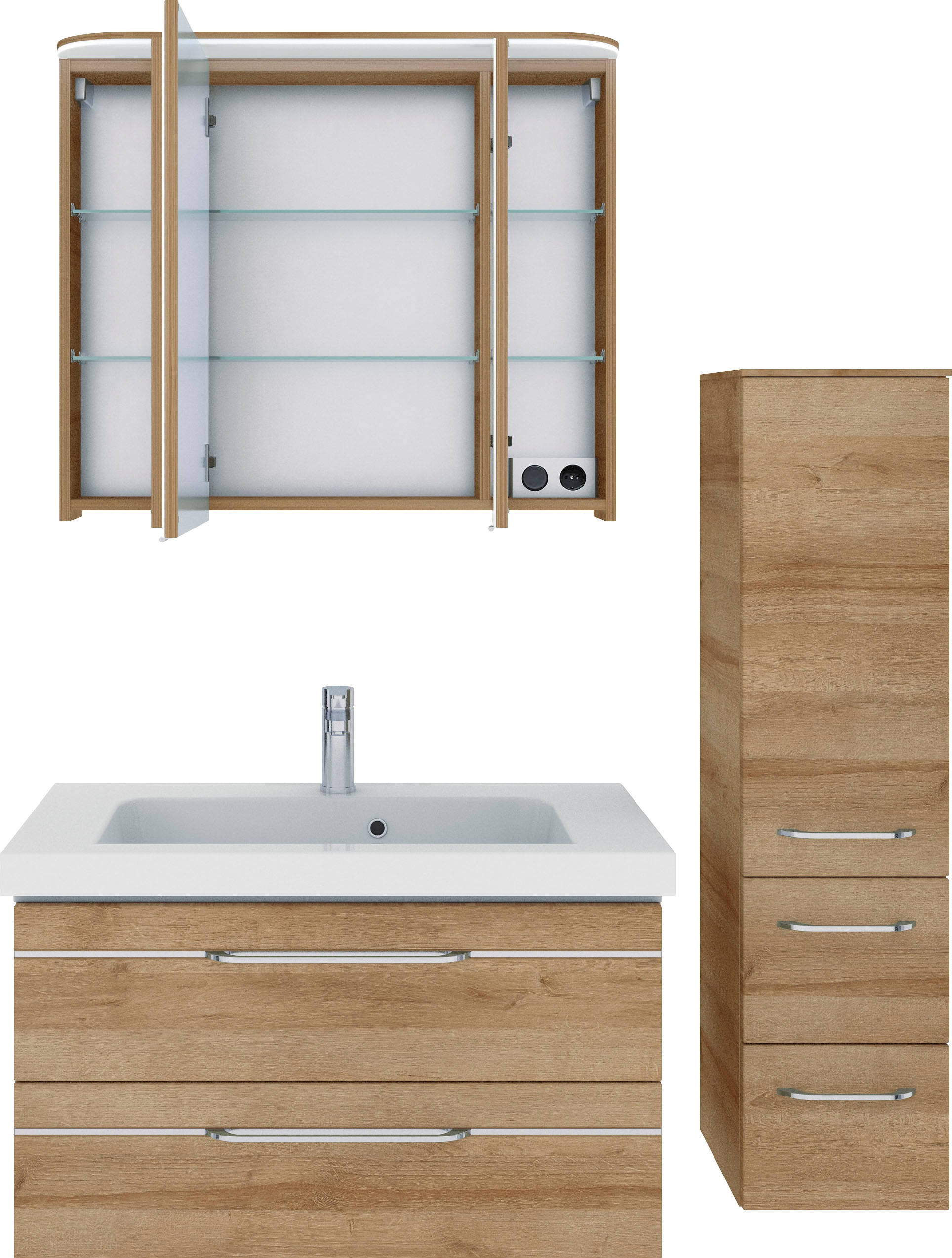 Saphir Badmöbel-Set »Balto Sprint 3-teilig, Mineralmarmor-Waschtisch mit LED-Spiegelschrank«, (4 St.), Badezimmer Set mit Midischrank, inkl Türdämpfer, 4 Türen, 4 Schubladen