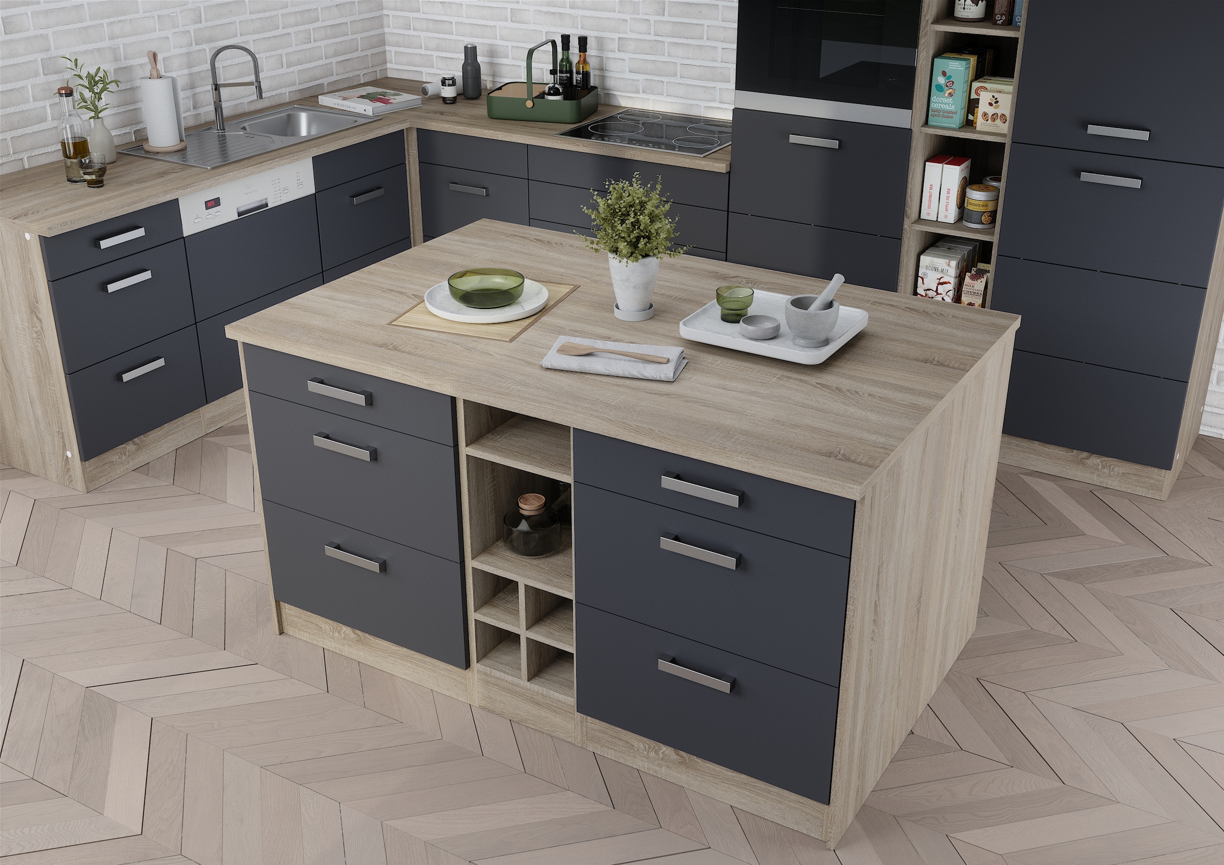 KOCHSTATION Kücheninsel »KS-Toronto«, Breite 153 cm, MDF-Fronten, Flaschenregal