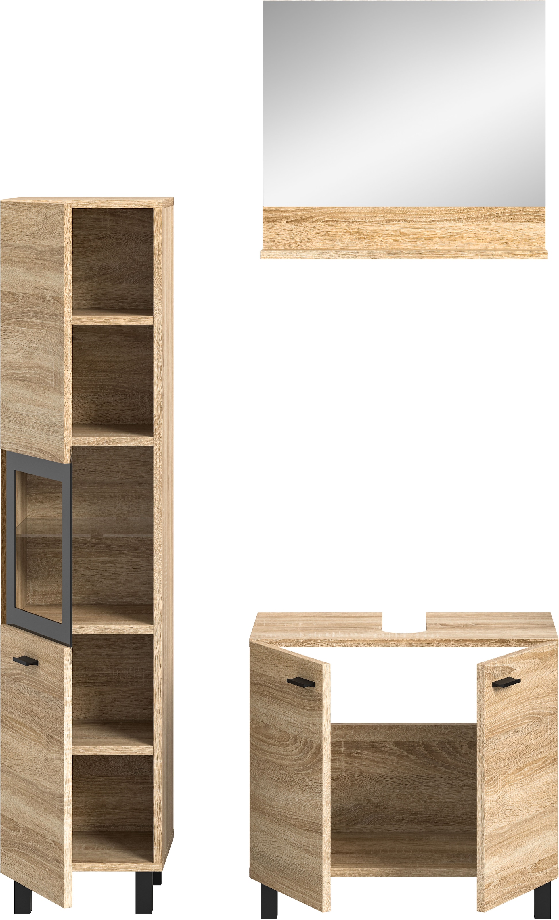 welltime Badmöbel-Set »Tampa, Breite 102cm, 3-teilig«, (3 St.), Waschbeckenunterschrank, Spiegel, Hochschrank