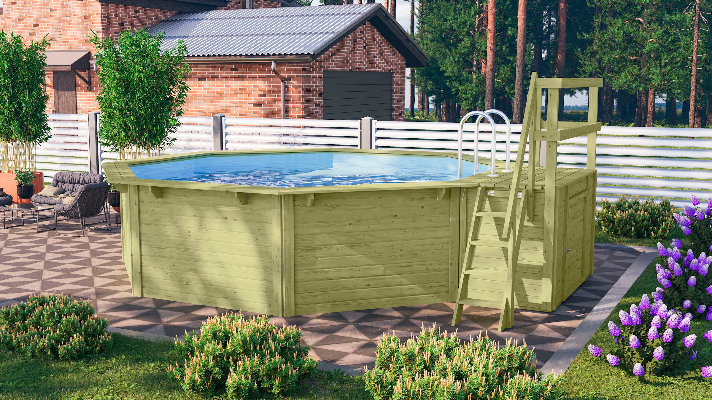 Karibu Achteckpool "Rimini 2X mit Sonnendeck" BxLxH: 550x470x121 cm