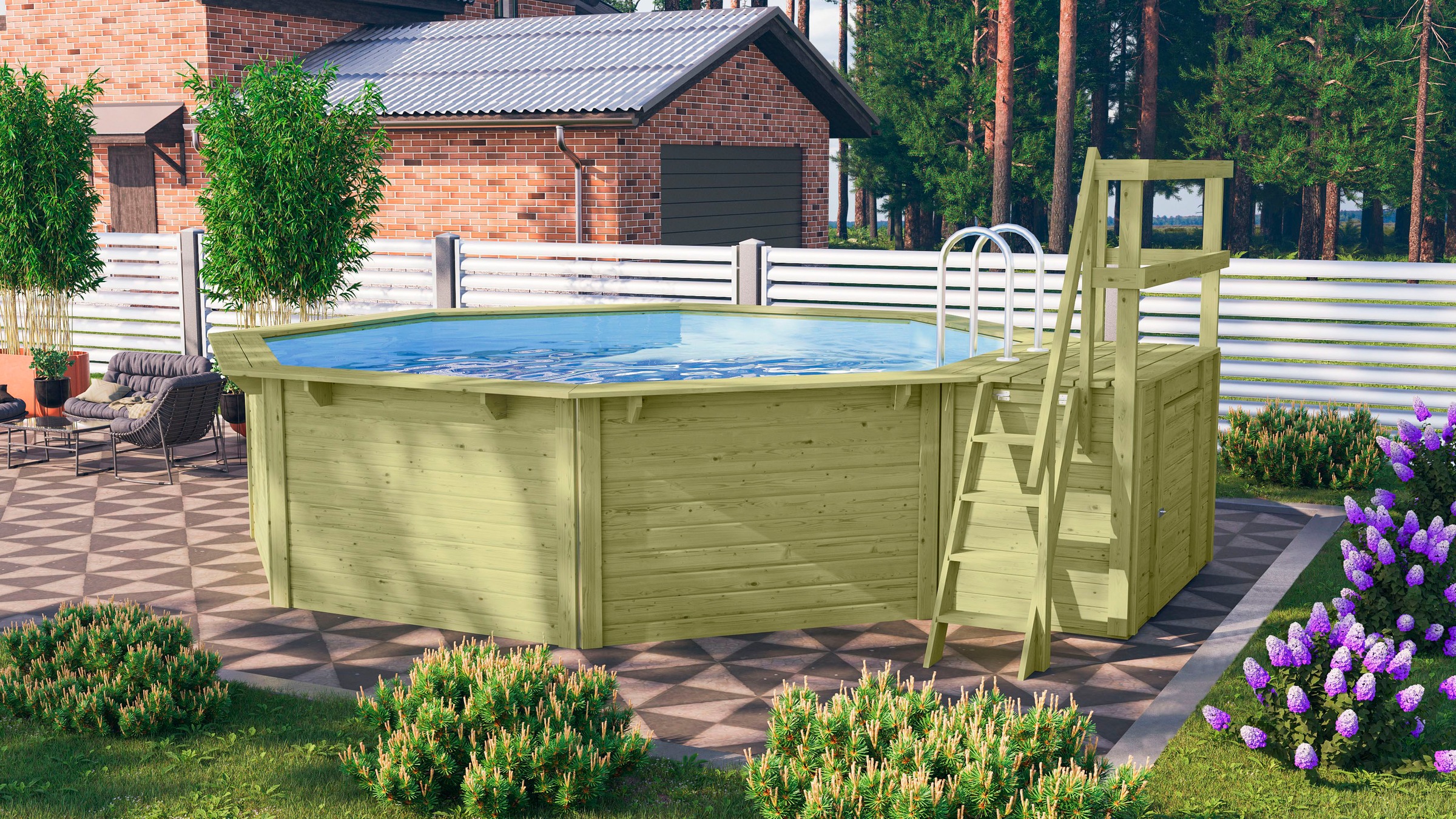 Karibu Achteckpool "Rimini 2X mit Sonnendeck", (Set, 7 tlg.), BxLxH: 550x470x121 cm