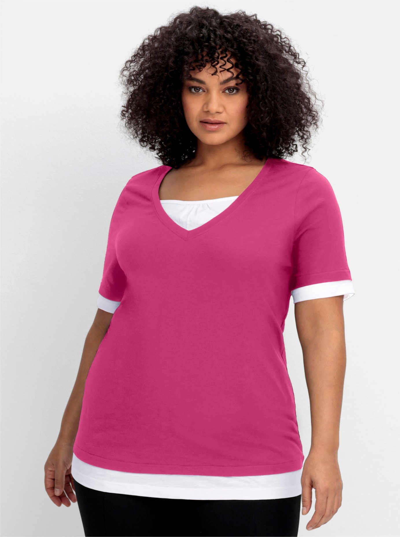 2-in-1-Shirt SHEEGO "2-in-1-Shirt", Damen, Gr. 56/58, fuchsia, weiß, 60% Baumwolle, 40% Polyester, gemustert, mehrfarbig, Rundhals, Shirts 2-in-1 Shirt 3