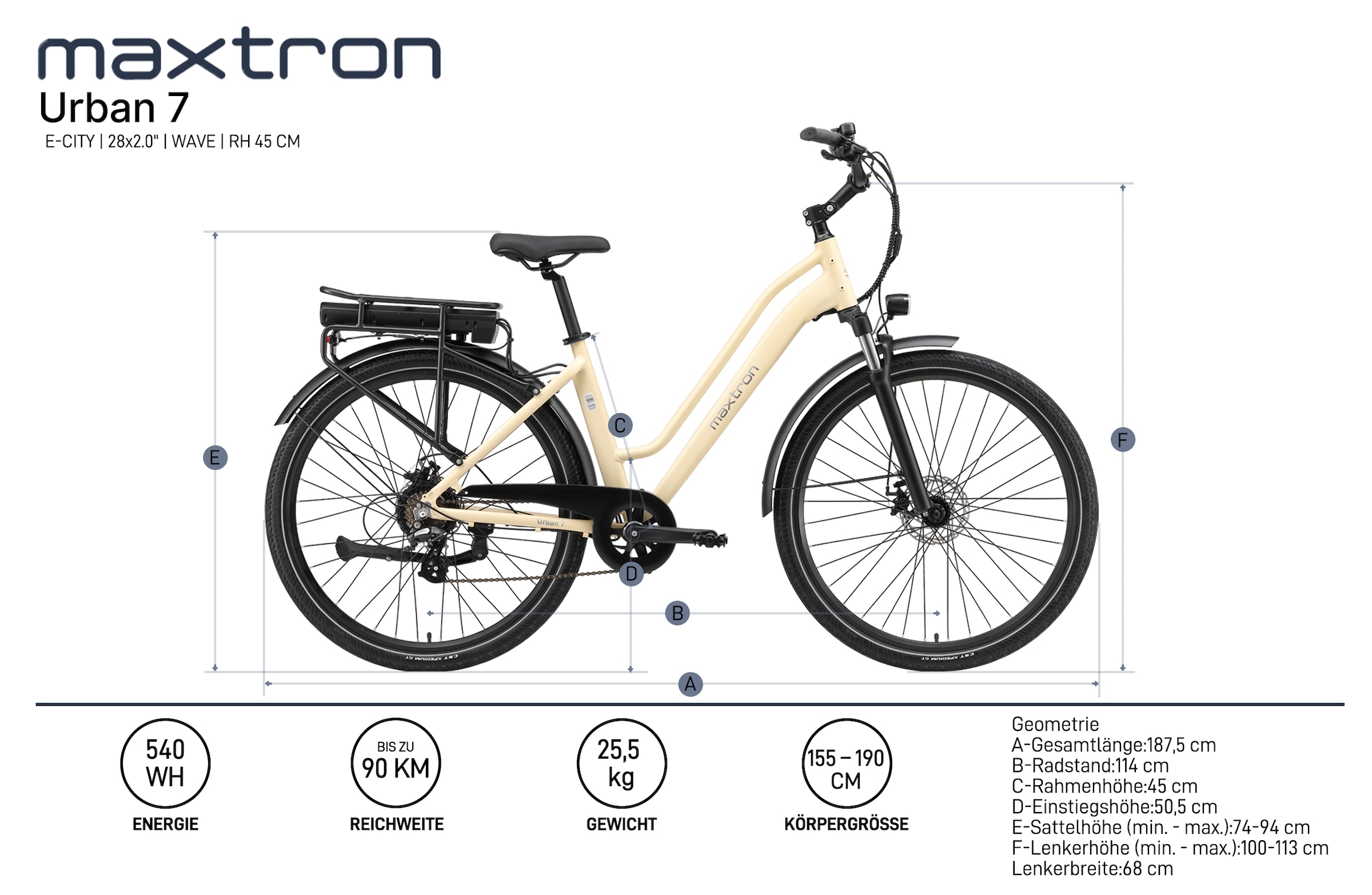 Maxtron »Maxtron Urban 7 E-Citybike 28 Zoll« 7 Gang Shimano Altus Schaltwerk Kettenschaltung Heckmotor 250 W Packung,  Tiefeinsteiger für Damen