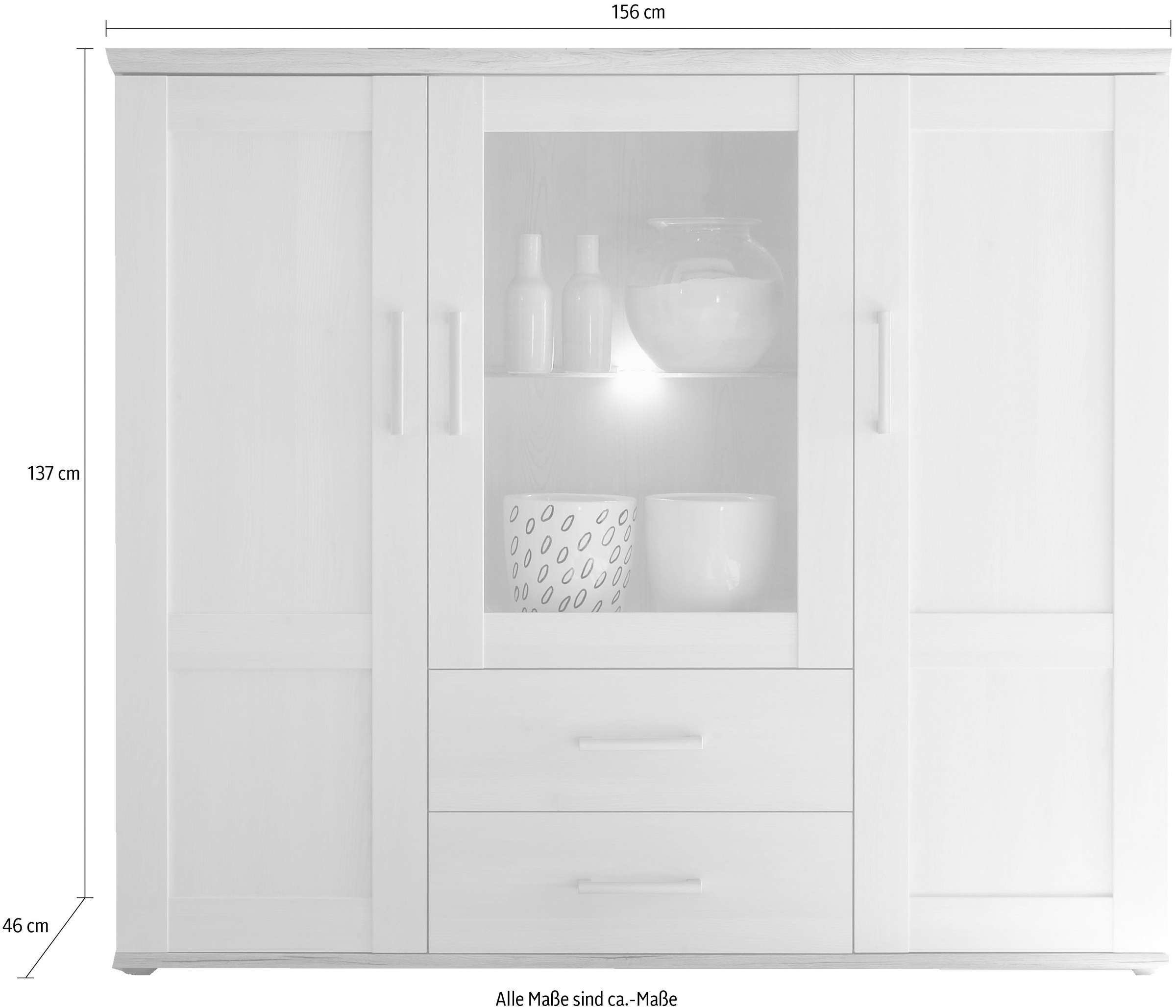 HBZ Highboard »Romance Landhaustil mit LED-Beleuchtung, BxHxT 156x137x46 cm«, (1 St.), Mit 2 Türen, 2 Schubkästen und 6 Einlegeböden, 1 Glasboden