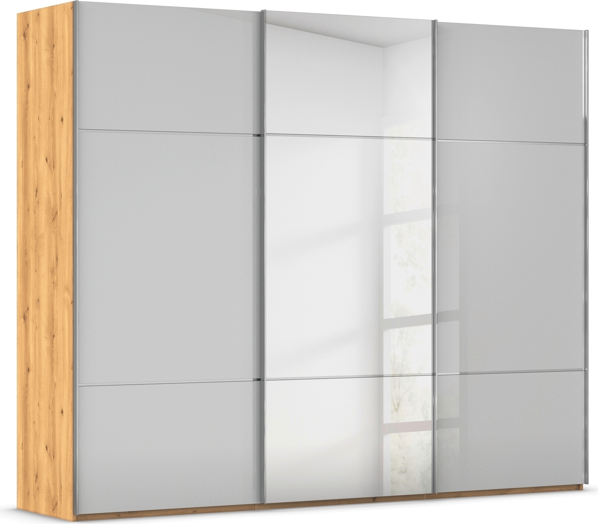rauch Schwebetürenschrank "Kleiderschrank Schrank Garderobe Schlafzimmerschrank SCALE-TRIO" edle dreigeteilte Front mit 2 Zierleisten Spiegel/Glas MADE IN GERMANY