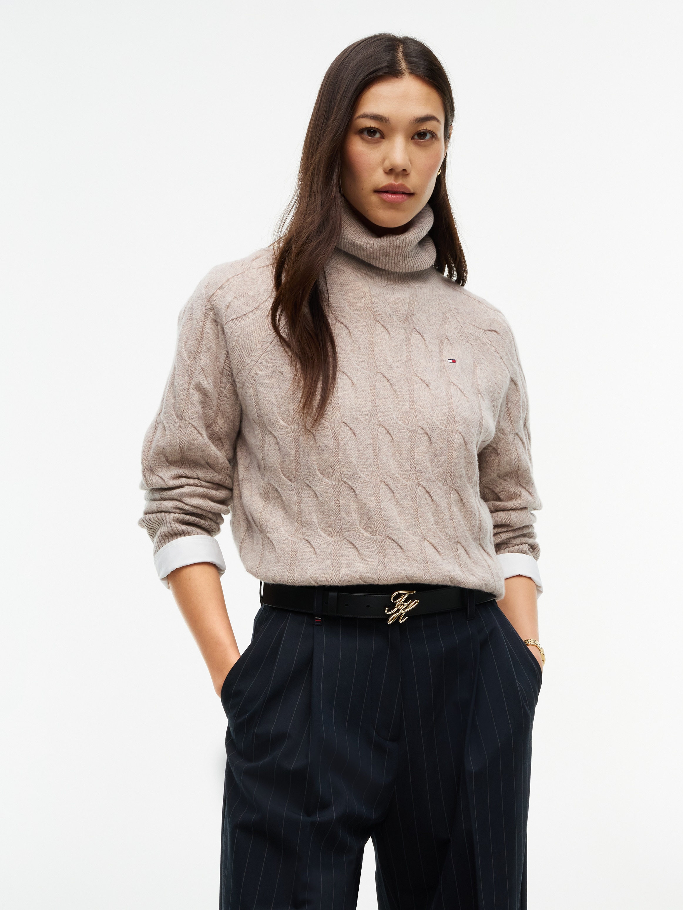 Tommy Hilfiger Rollkragenpullover "SOFT WOOL CABLE ROLL-NK LS SWT" Wolle, mit Zopfmuster