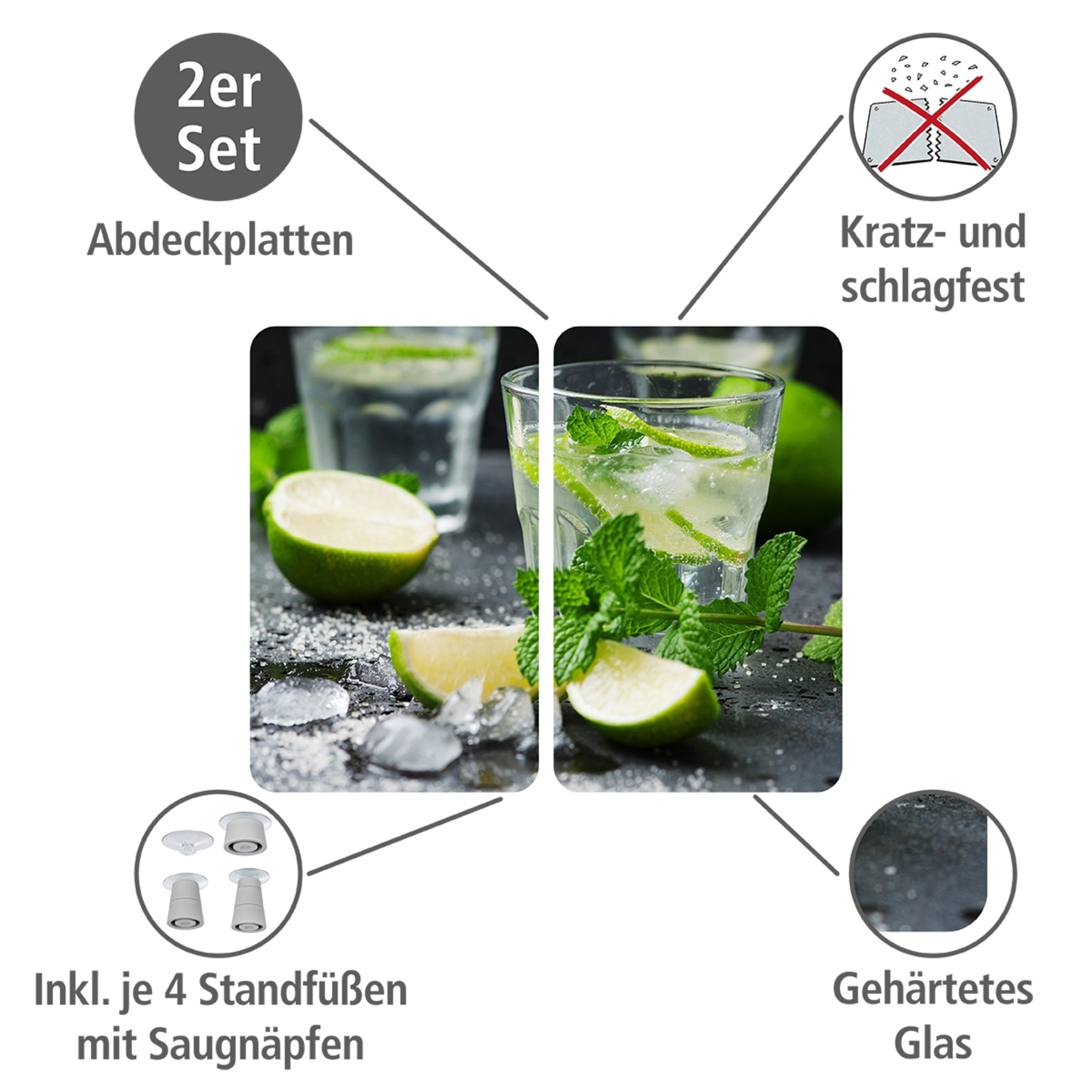 WENKO Herd-Abdeckplatte »Universal Modell Mojito«, (Set, 2 tlg.), Herdabdeckung für alle Herdarten, kratzfest, mit rutschfesten Füßen