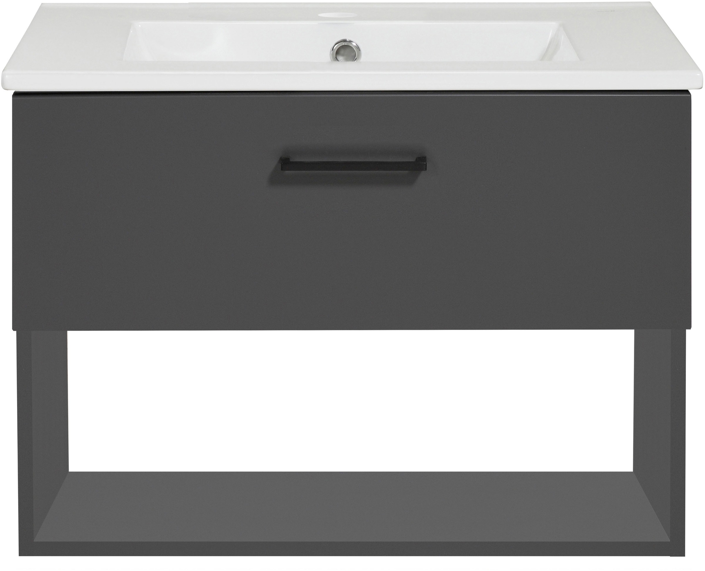 welltime Waschtisch »Trento Light mit Keramik-Auflagebecken«, 1 Auzug und 1 offenes Fach, Breite. 61cm, Anthrazit Matt