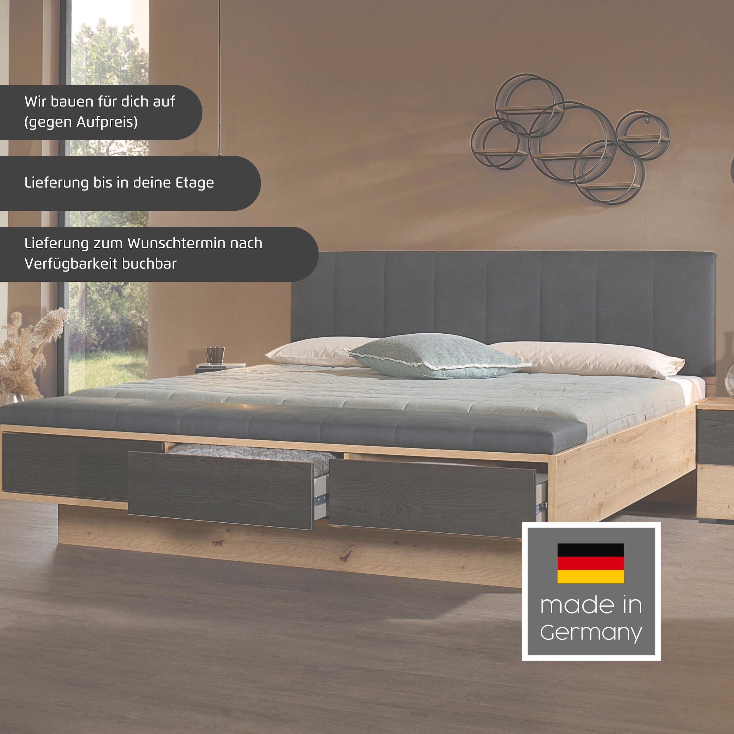 rauch Bettanlage »Bett Doppelbett Komfortbett Funktionsbett APOLLON« Liegefläche 180x200, optional mit Bettbank und Stauraum, 3 tlg. tlg. Polster-Kopfteil in Lederoptik black, mit Beleuchtung MADE IN GERMANY