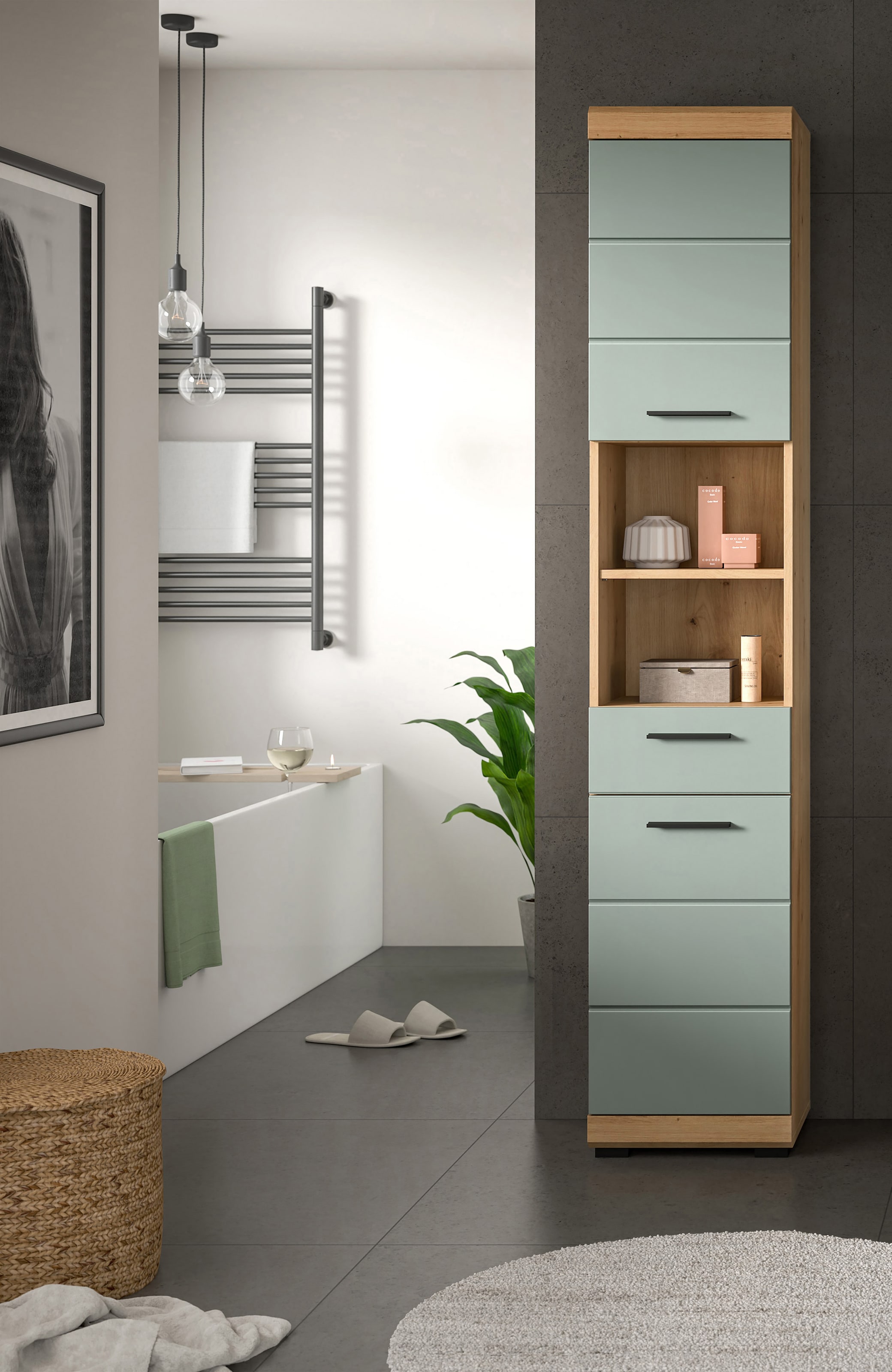 INOSIGN Hochschrank »Siena, Breite 37cm, 2 Tür, 1 Schubkasten, 2 offene Fächer, MDF-Front«, (1 St.), in verschiedenen Farben erhältlich, Badmöbel, Badschrank, Schrank, Bad