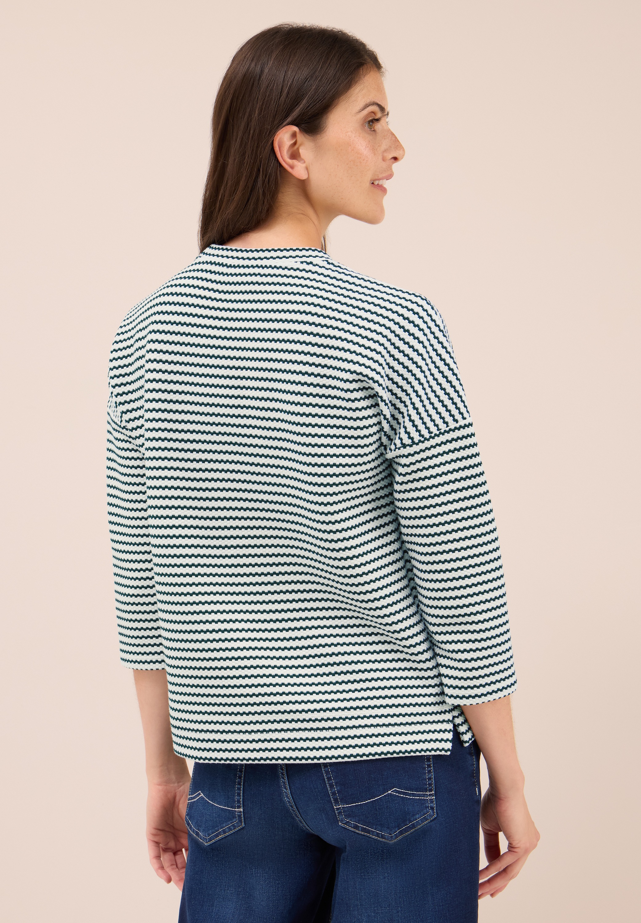 Rundhalsshirt CECIL, Damen, Gr. XL (44), grün (ink grün), Web, 55% Baumwolle, 32% Polyester, 10% Viskose, 3% Elasthan, gestreift, normal normal, Rundhals, abgesteppt, Shirts Rundhalsshirt, mit Rundhalsausschnitt 2