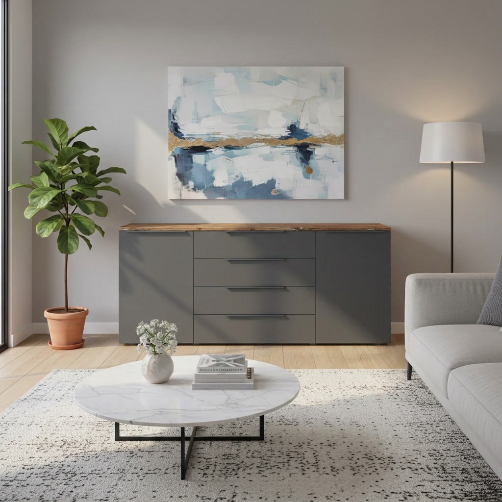 borchardt Möbel Sideboard »Tom, moderne Kommode mit dunklen Metallgriffen« 166cm, 2 Türen 4 Schubfächer, variable Einlegeböden, viel Stauraum