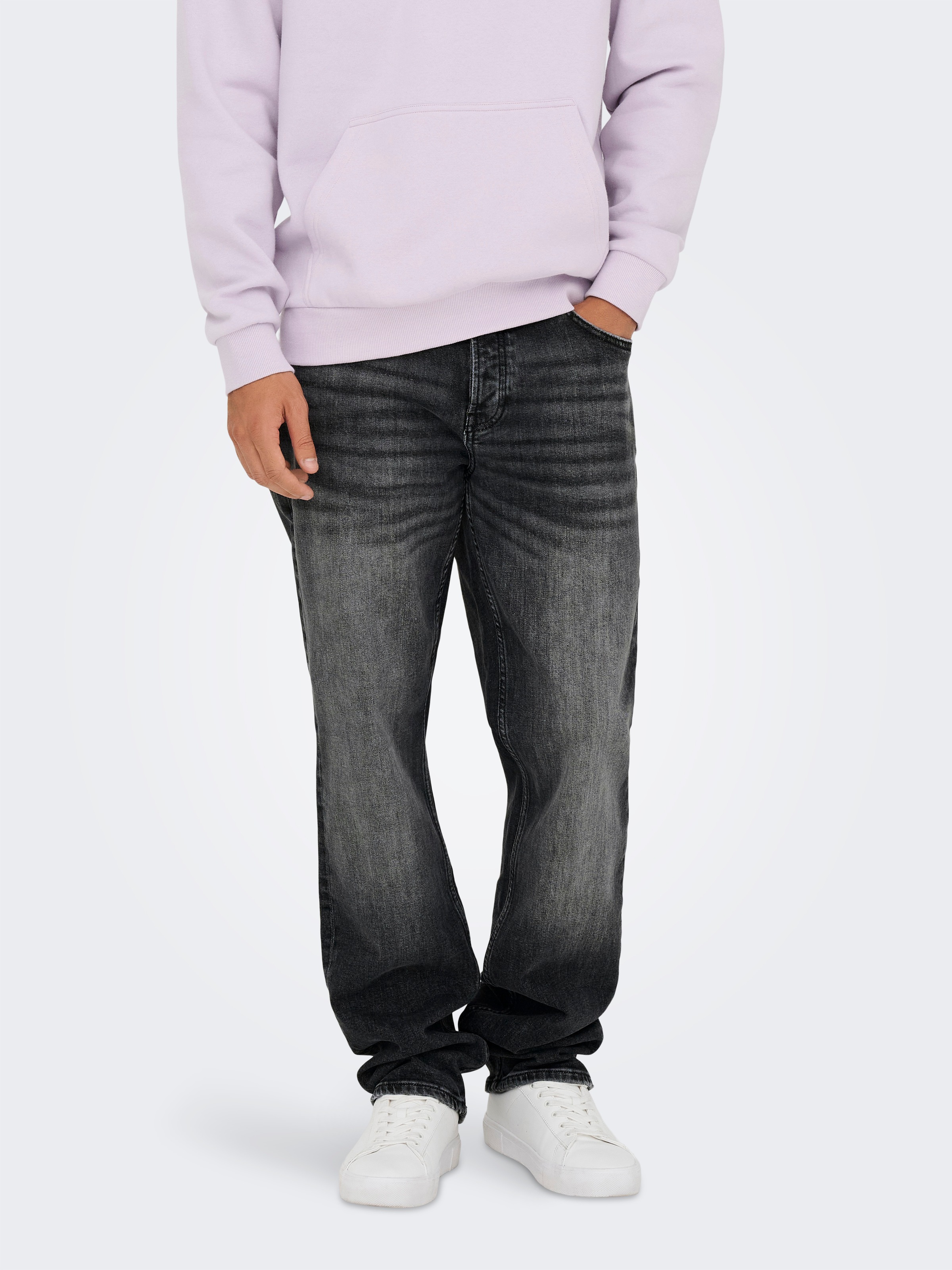 Straight-Jeans ONLY & SONS "ONSEDGE PERFORMANCE LB 3816 DOT DNM NOOS", Herren, Gr. 36, Länge 32, washed schwarz, Denim/Jeans, Obermaterial: 99% Baumwolle, 1% Elasthan, Abriebeffekte, straight fit lang, Jeans Straight-Jeans