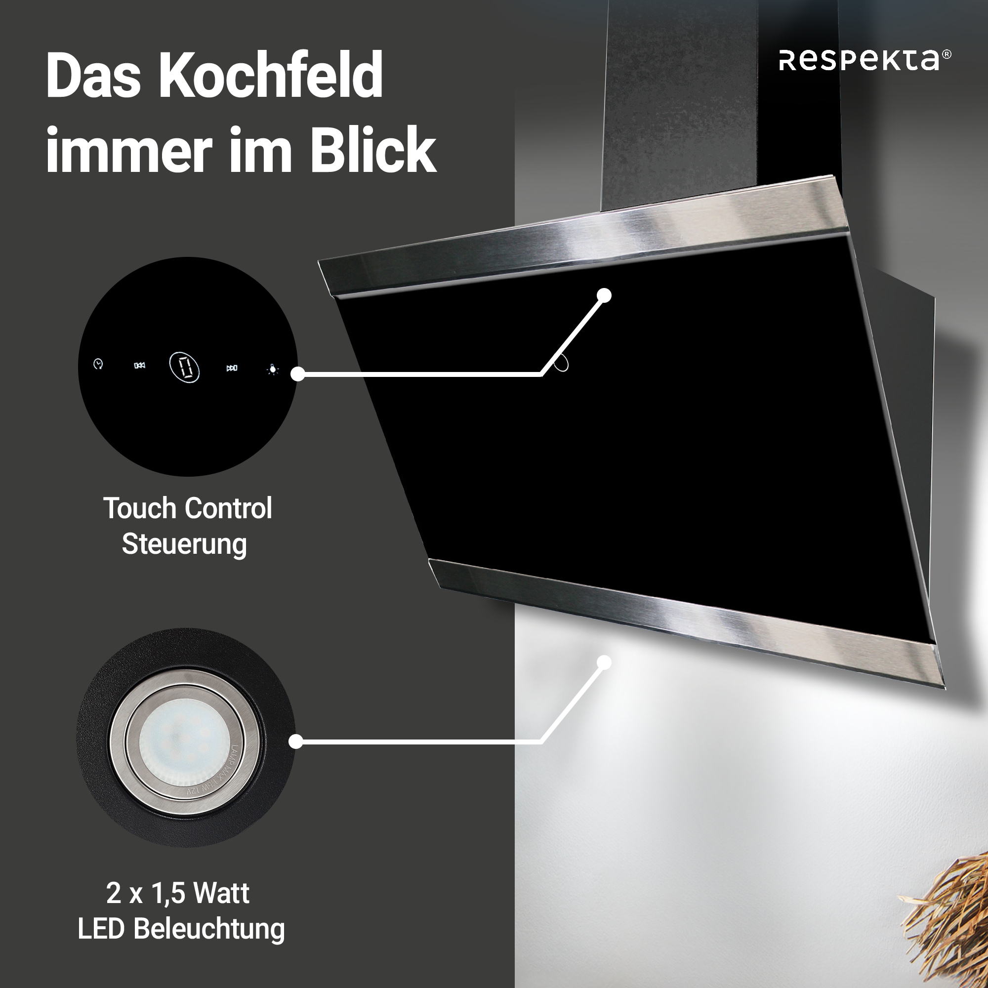 RESPEKTA Kopffreihaube, 90 cm, 9 Leistungsstufen, LED-Beleuchtung, Ab- und Umluftfähig