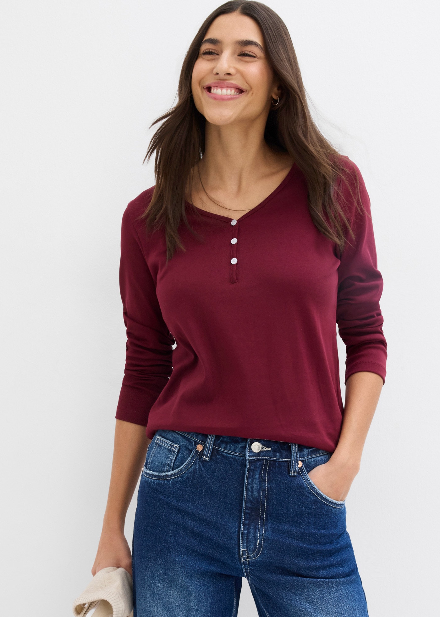 bonprix 1 schmale Passform, Langarm, mit kurzer Knopfleiste im Henley-Stil